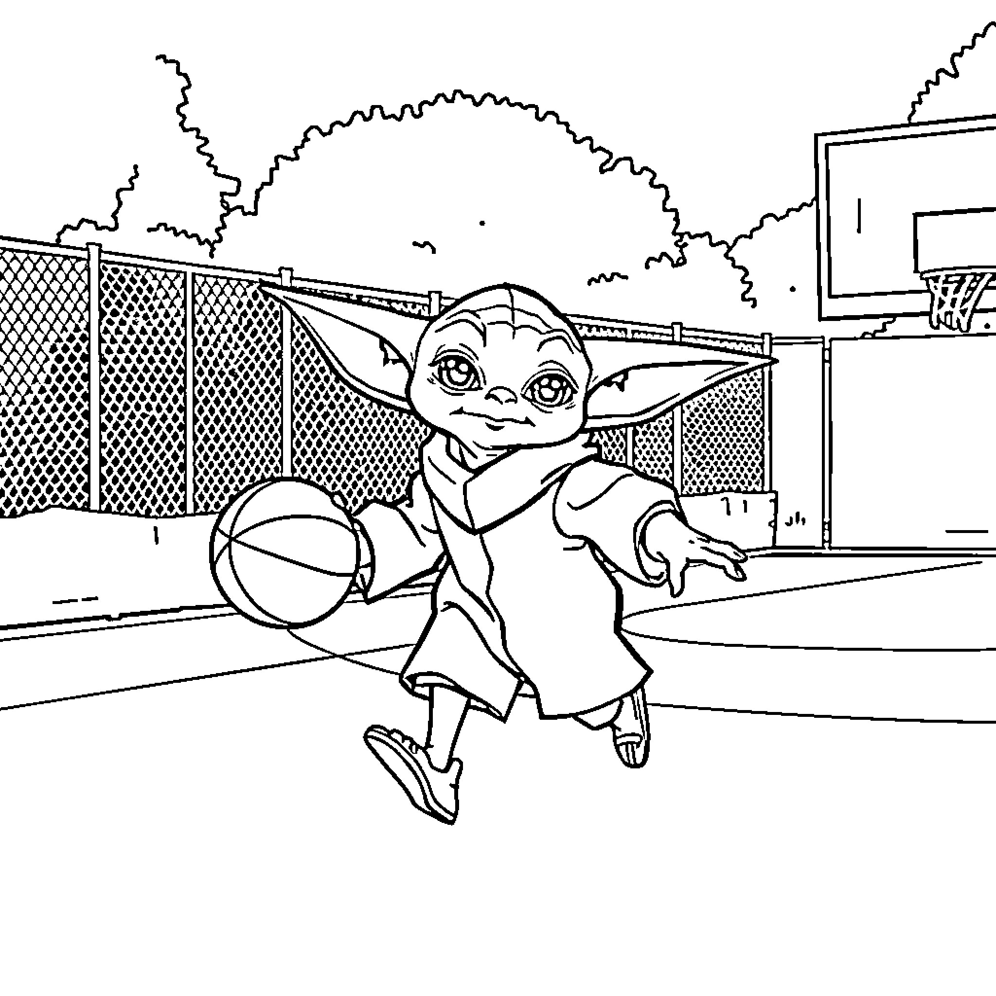 Yoda playing basketball on the court Coloring Page (free black-and-white line drawing printable PDF for all, from beginners to advanced learners, including children, teens, adults, and seniors)