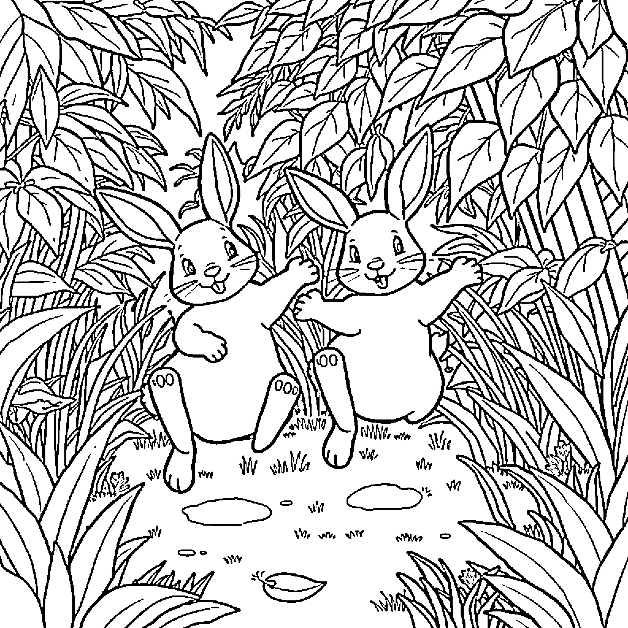 Rabbit duo exploring the lush forest Coloring Page (free black-and-white line drawing printable PDF for all, from beginners to advanced learners, including children, teens, adults, and seniors)
