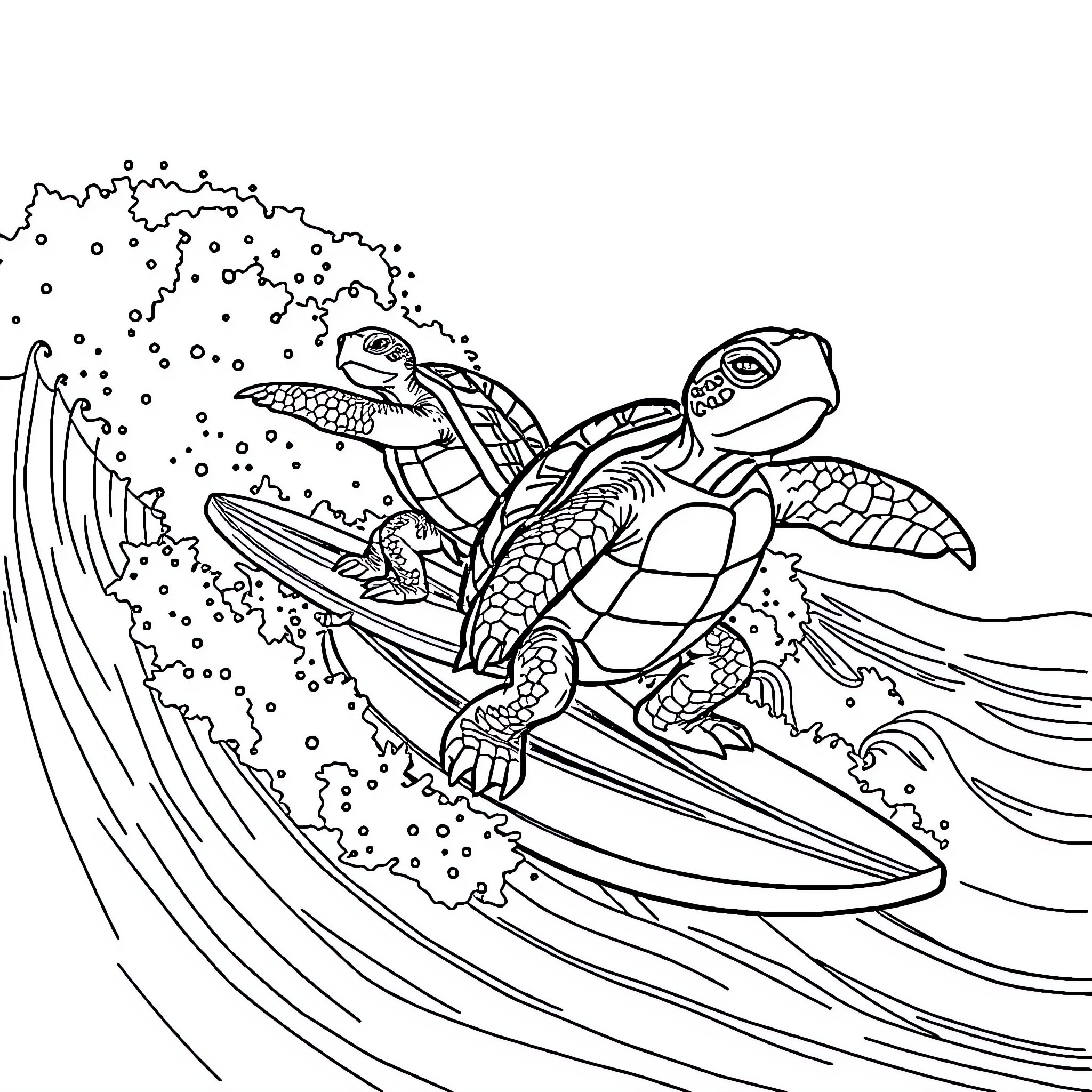 Turtle riding the waves on a surfboard Coloring Page (free black-and-white line drawing printable PDF for all, from beginners to advanced learners, including children, teens, adults, and seniors)