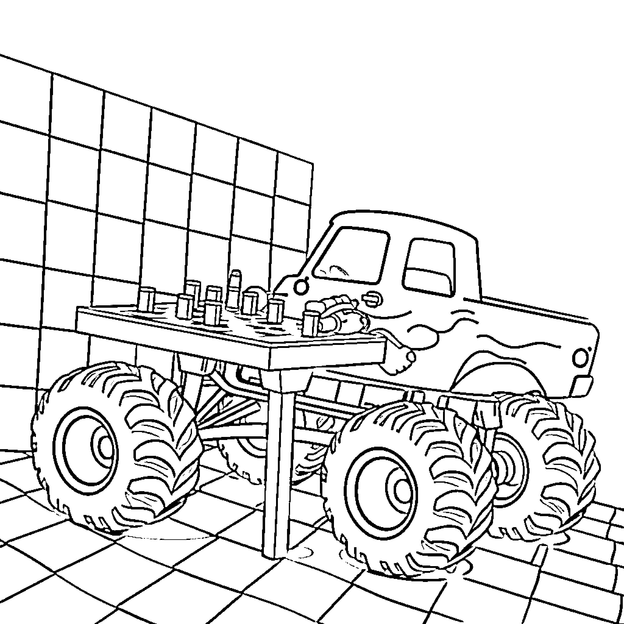 Monster Truck Transporting Tools and Equipment Coloring Page (free black-and-white line drawing printable PDF for all, from beginners to advanced learners, including children, teens, adults, and seniors)