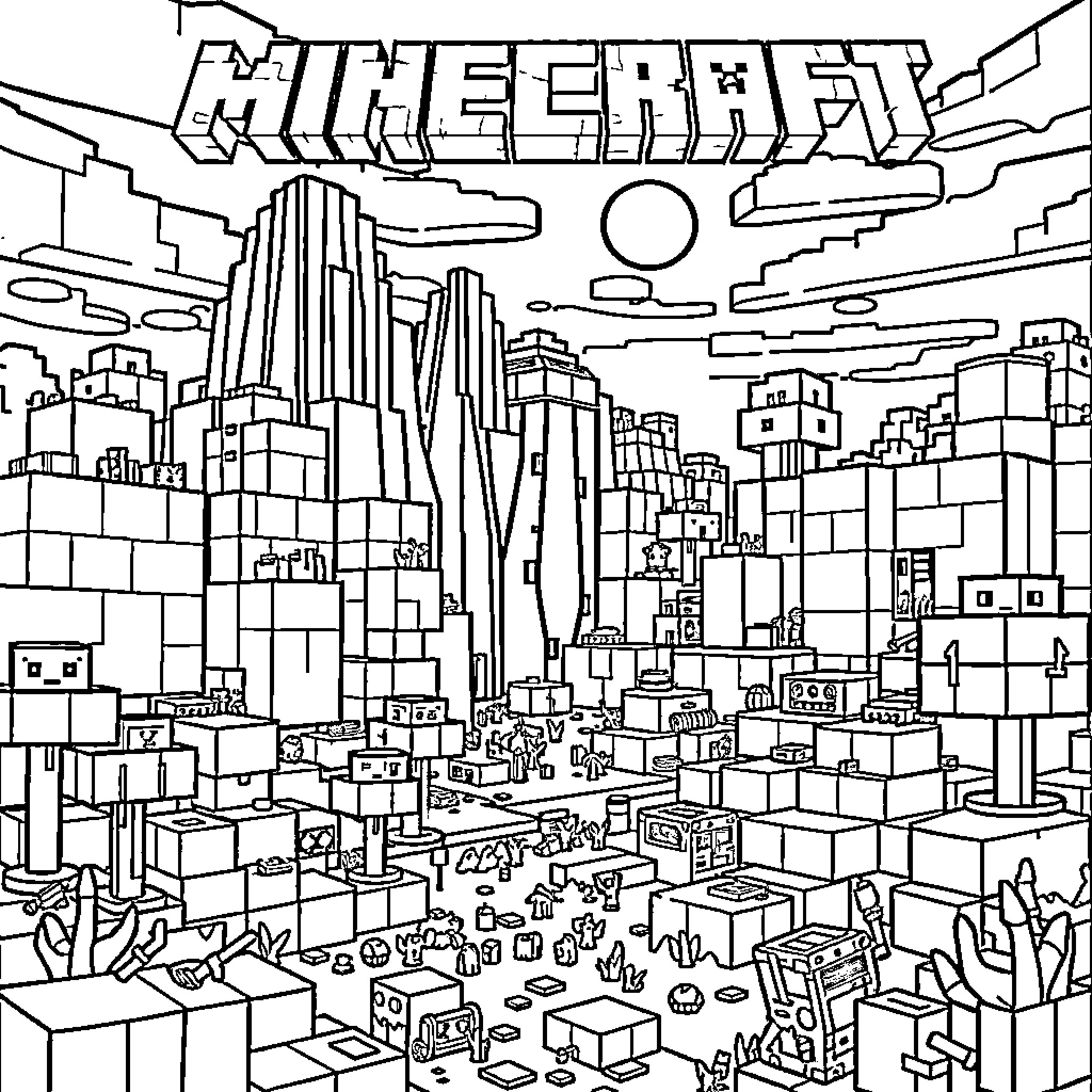 Minecraft cityscape with skyscrapers and blocks Coloring Page (free black-and-white line drawing printable PDF for all, from beginners to advanced learners, including children, teens, adults, and seniors)