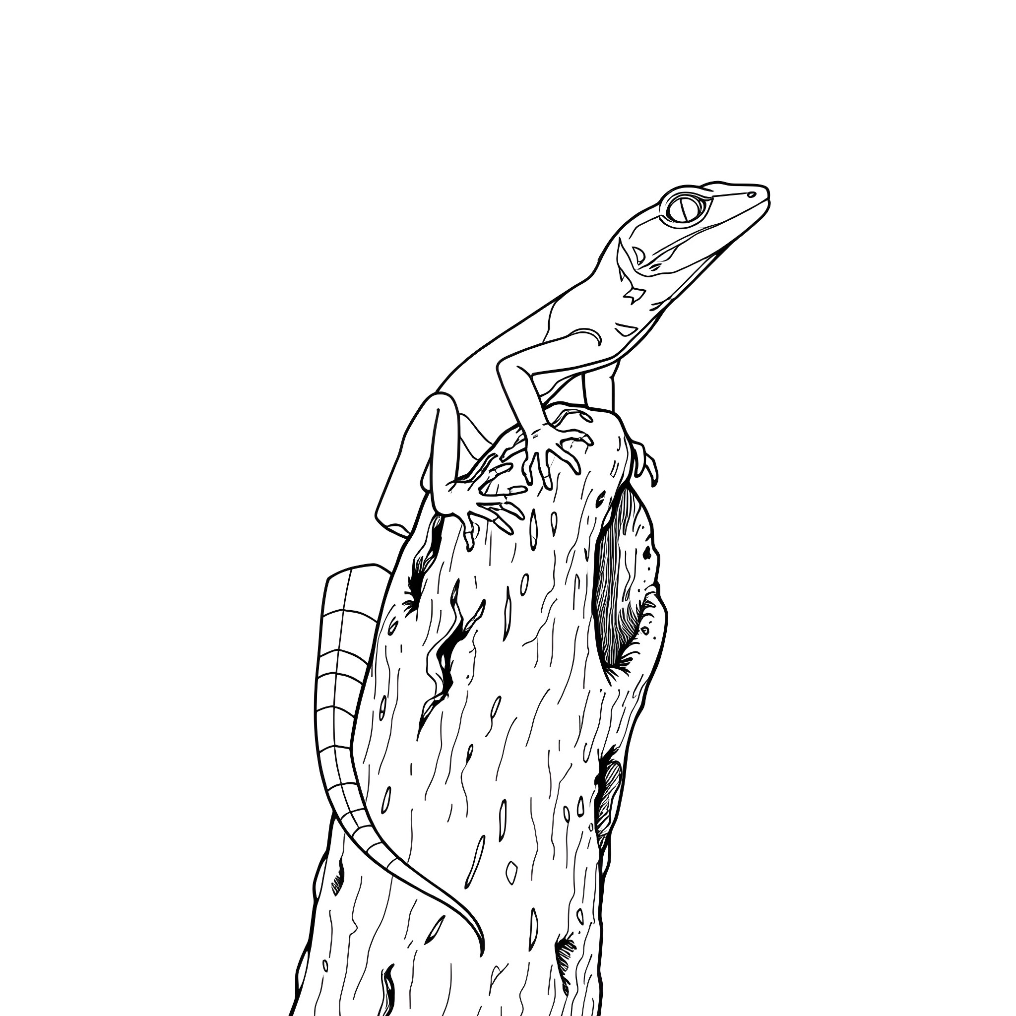 Emerald Tree Skink perched on a branch Coloring Page (free black-and-white line drawing printable PDF for all, from beginners to advanced learners, including children, teens, adults, and seniors)