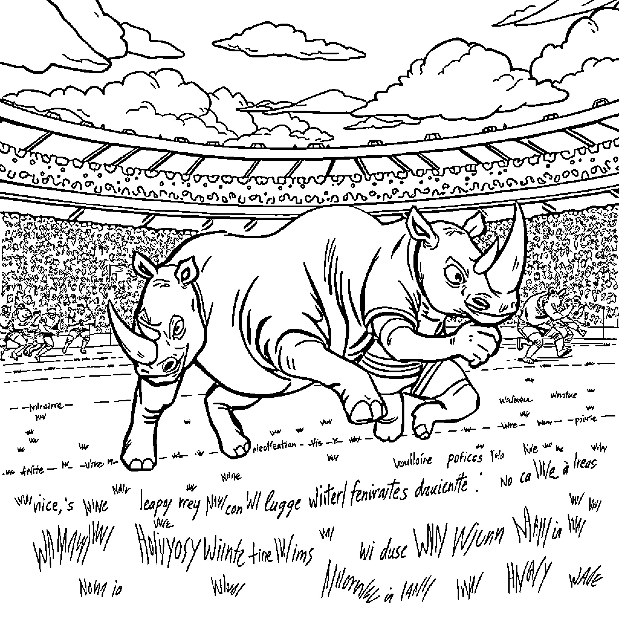 Rhinoceros engaging in a lively event Coloring Page (free black-and-white line drawing printable PDF for all, from beginners to advanced learners, including children, teens, adults, and seniors)
