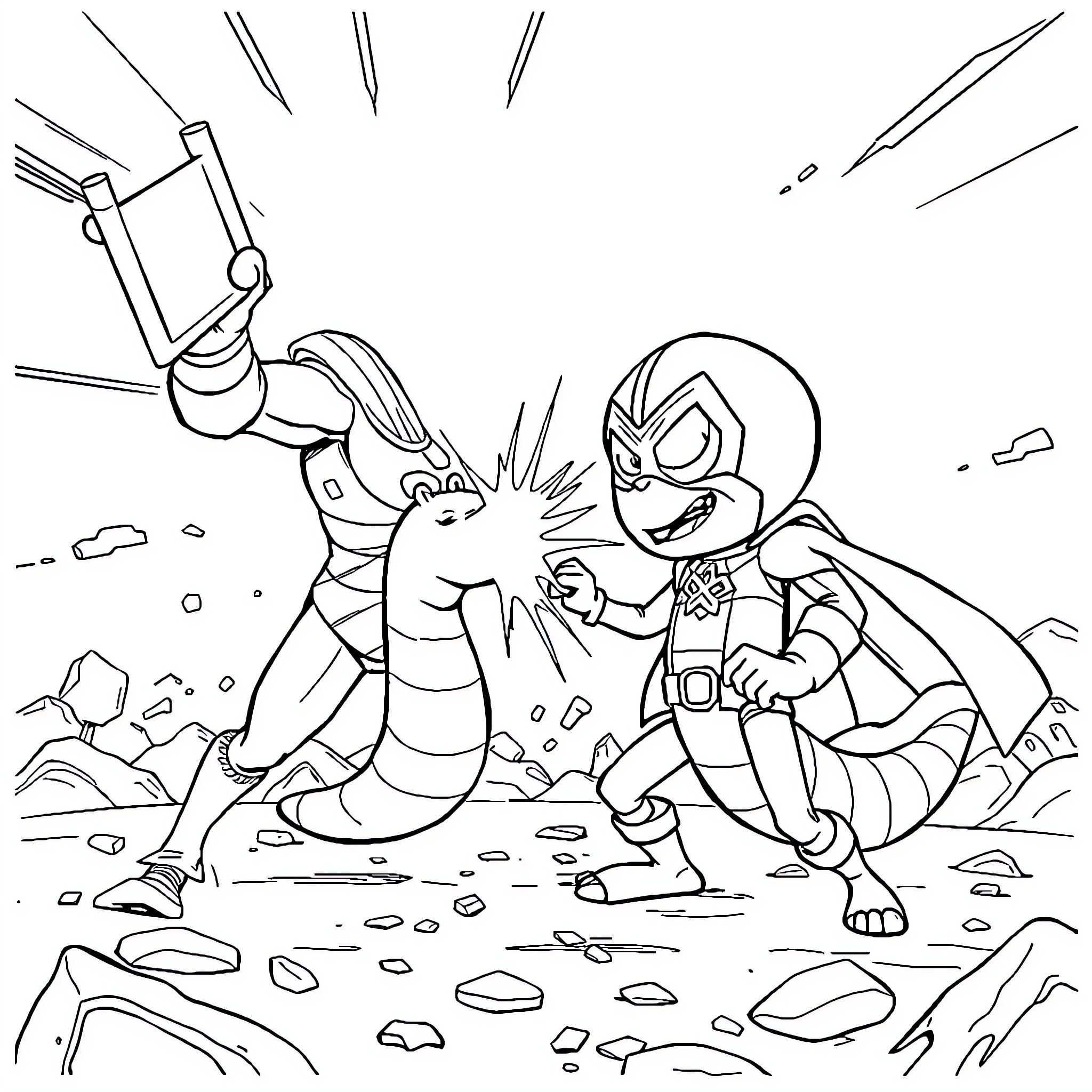 Worm battling the heroic warrior in rugged terrain Coloring Page (free black-and-white line drawing printable PDF for all, from beginners to advanced learners, including children, teens, adults, and seniors)