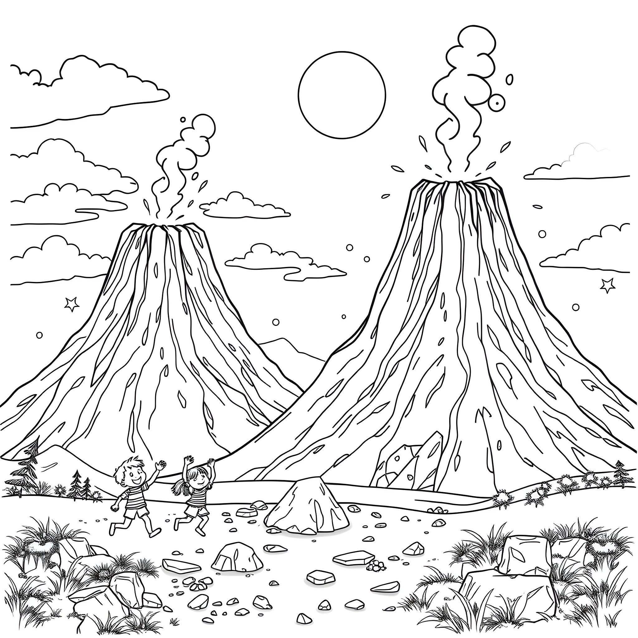 Child Exploring Volcanic Landscape Coloring Page (free black-and-white line drawing printable PDF for all, from beginners to advanced learners, including children, teens, adults, and seniors)