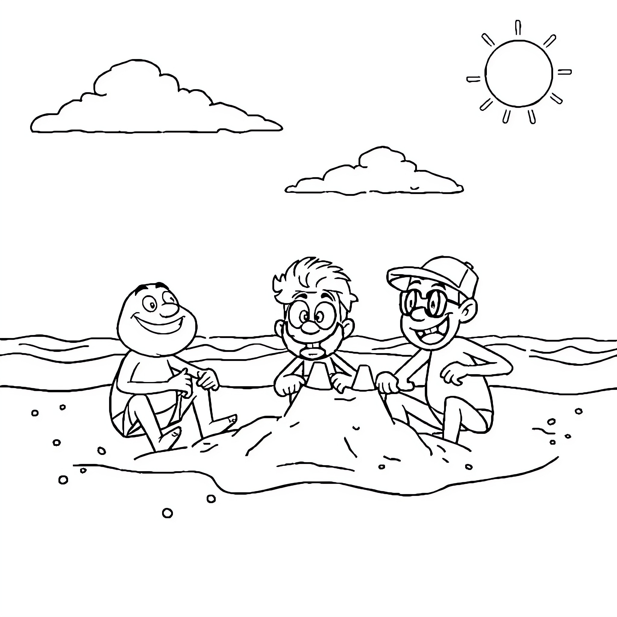 Character friends enjoy a day at the beach Coloring Page (free black-and-white line drawing printable PDF for all, from beginners to advanced learners, including children, teens, adults, and seniors)