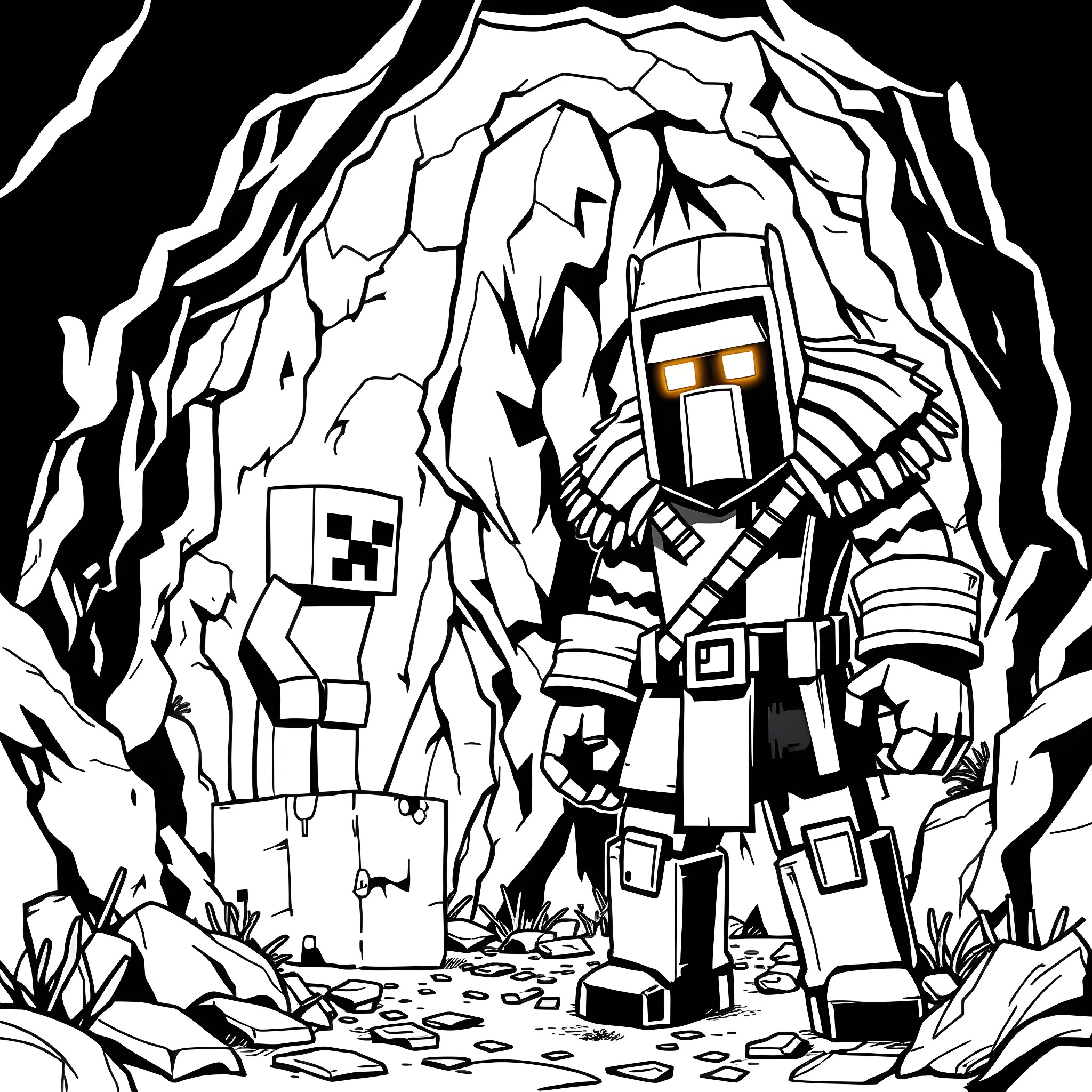 Minecraft Creeper exploring a dark cave Coloring Page (free black-and-white line drawing printable PDF for all, from beginners to advanced learners, including children, teens, adults, and seniors)