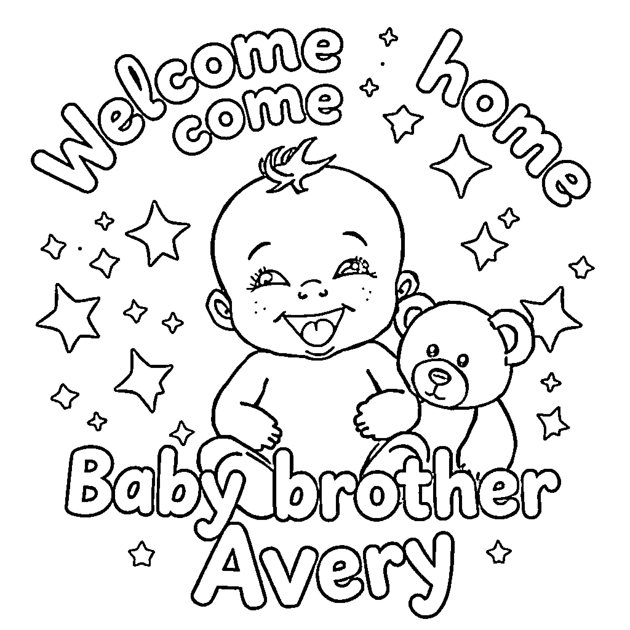 Baby celebrating with toys and stars Coloring Page (free black-and-white line drawing printable PDF for all, from beginners to advanced learners, including children, teens, adults, and seniors)