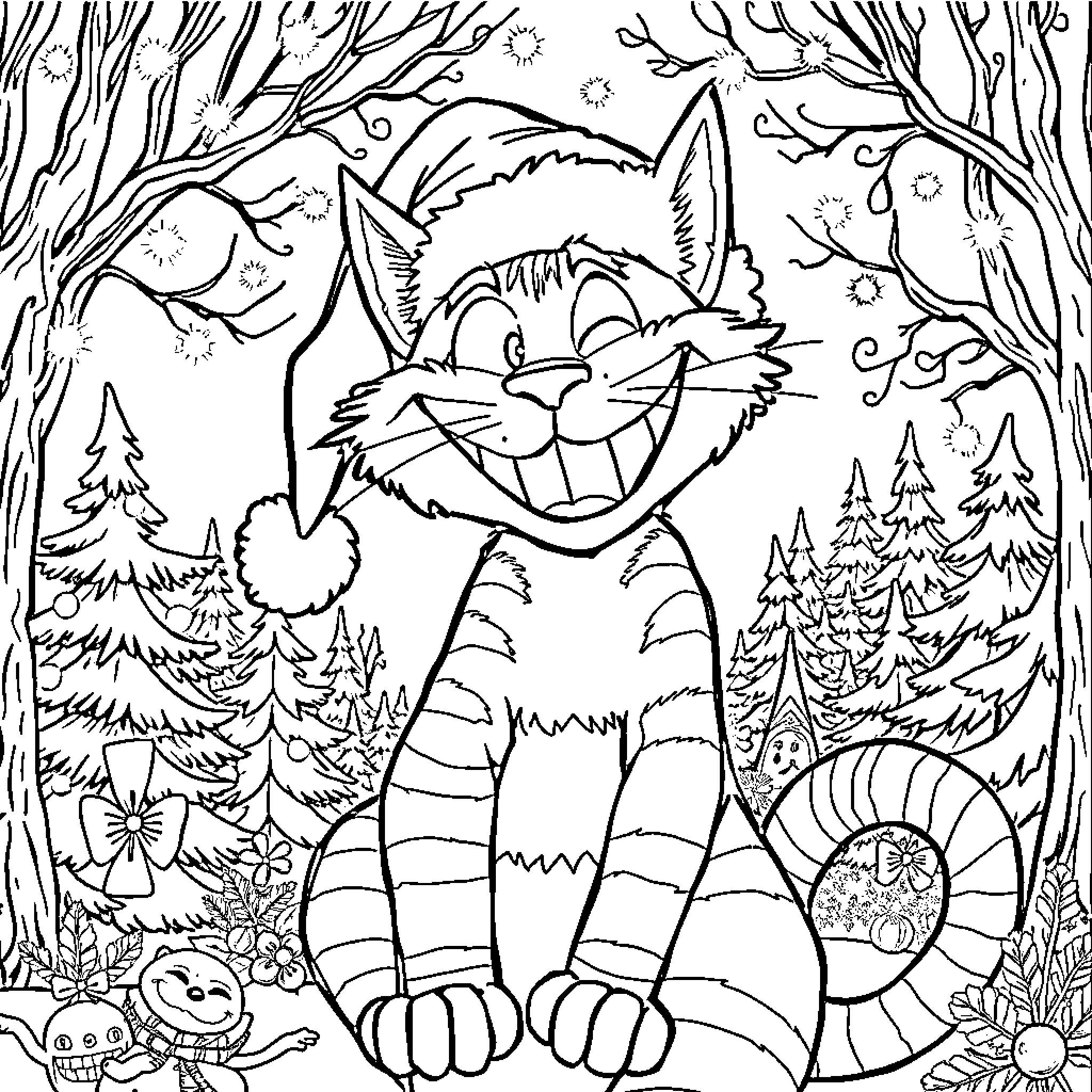 Cheshire Cat exploring the magical forest Coloring Page (free black-and-white line drawing printable PDF for all, from beginners to advanced learners, including children, teens, adults, and seniors)
