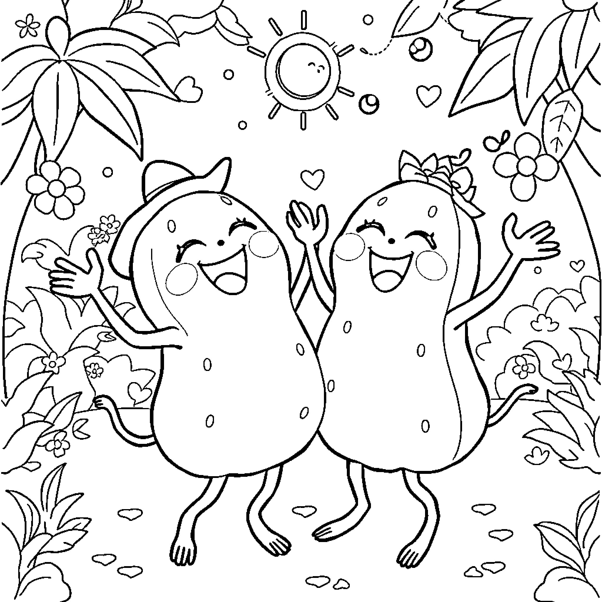 Cocomelon characters playing happily in nature Coloring Page (free black-and-white line drawing printable PDF for all, from beginners to advanced learners, including children, teens, adults, and seniors)