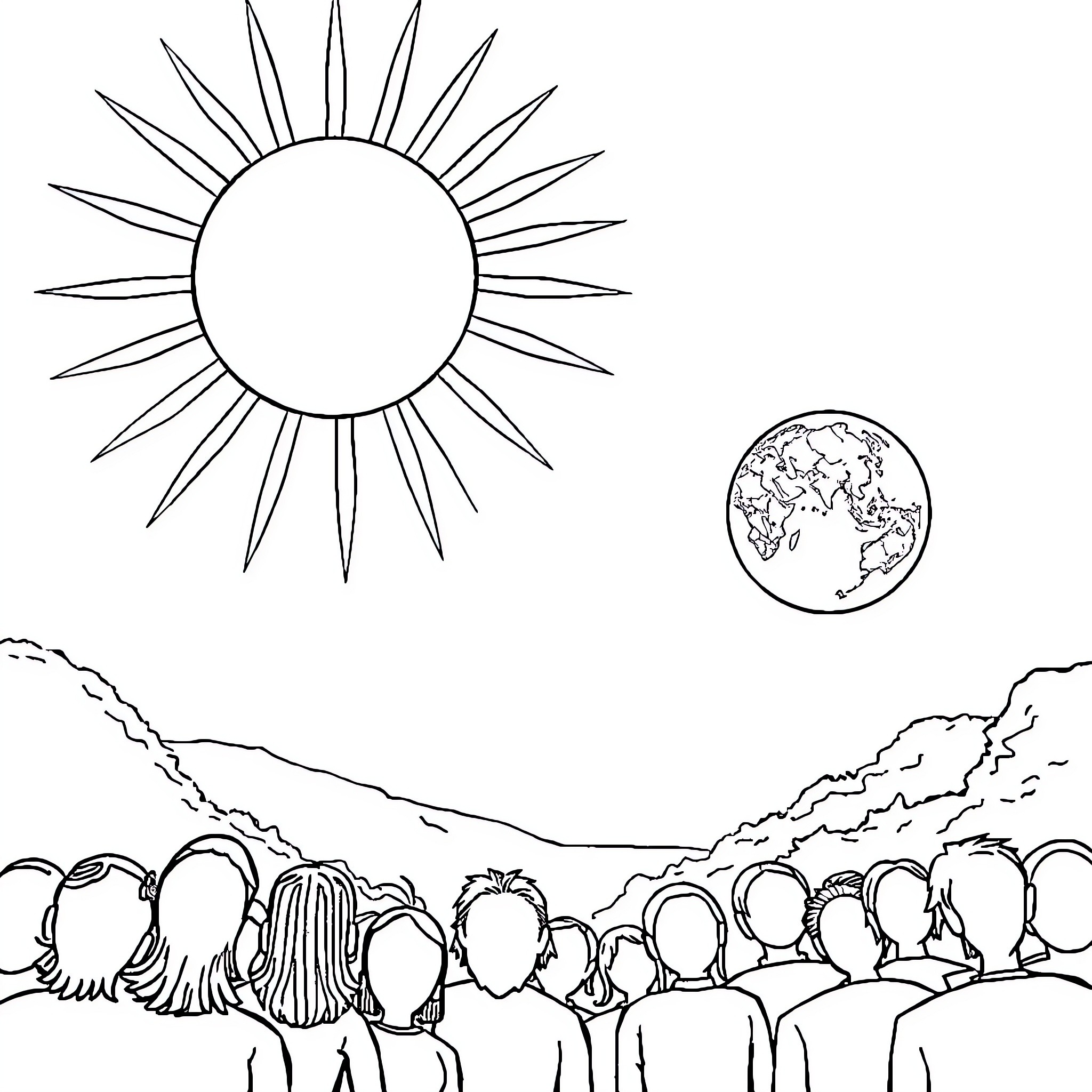 Sun and Moon Shining on Diverse People Coloring Page (free black-and-white line drawing printable PDF for all, from beginners to advanced learners, including children, teens, adults, and seniors)