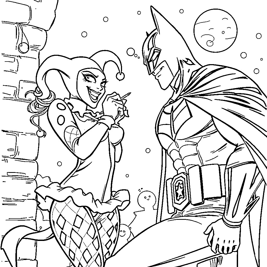 Harley Quinn confronting Batman in a snowy scene Coloring Page (free black-and-white line drawing printable PDF for all, from beginners to advanced learners, including children, teens, adults, and seniors)