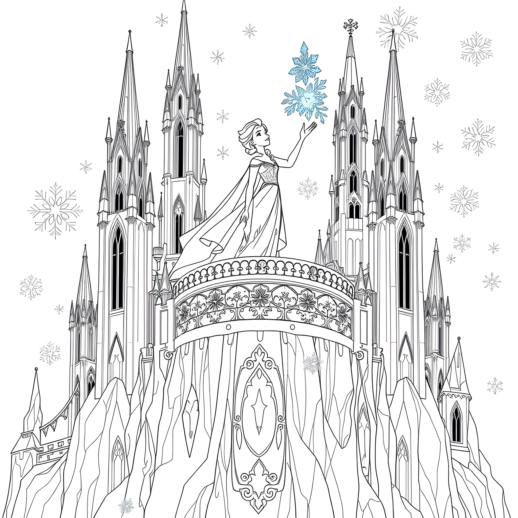 Elsa's Magical Winter Palace Coloring Page (free black-and-white line drawing printable PDF for all, from beginners to advanced learners, including children, teens, adults, and seniors)