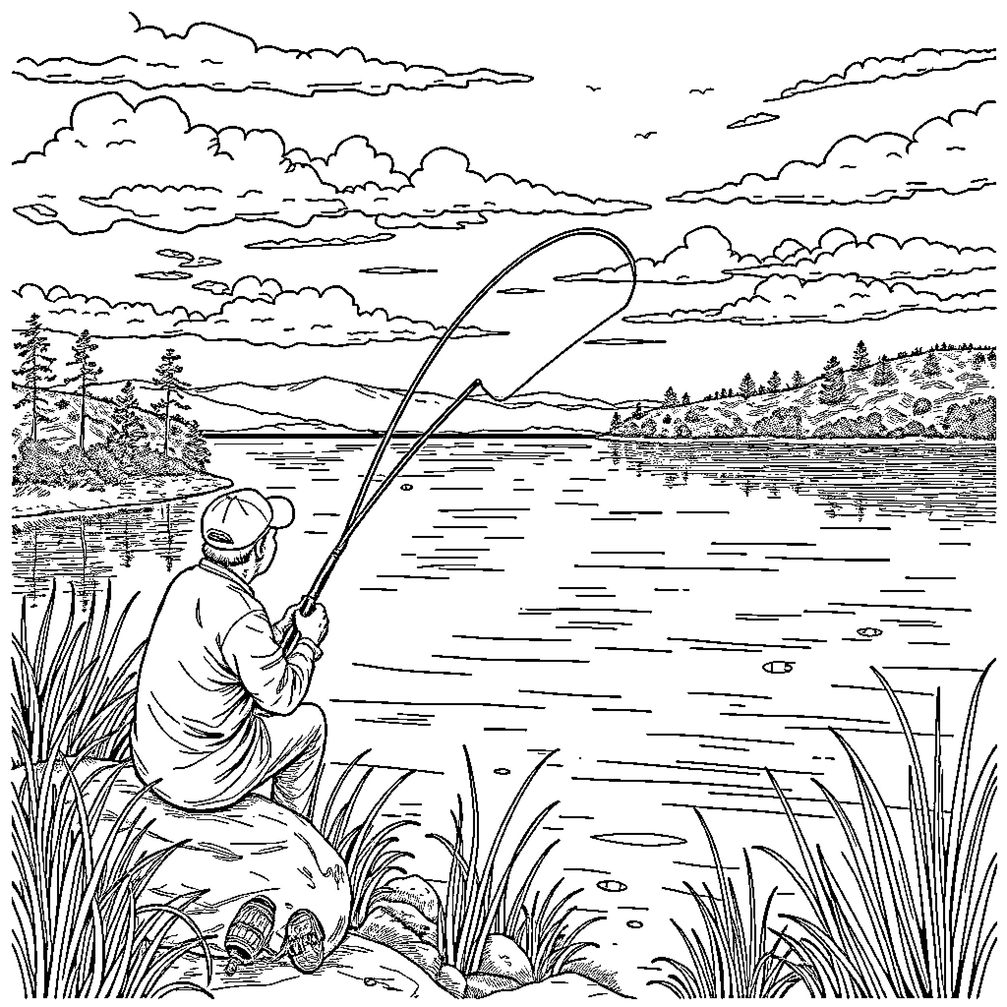 Fish fishing in tranquil lake with scenic landscape Coloring Page (free black-and-white line drawing printable PDF for all, from beginners to advanced learners, including children, teens, adults, and seniors)