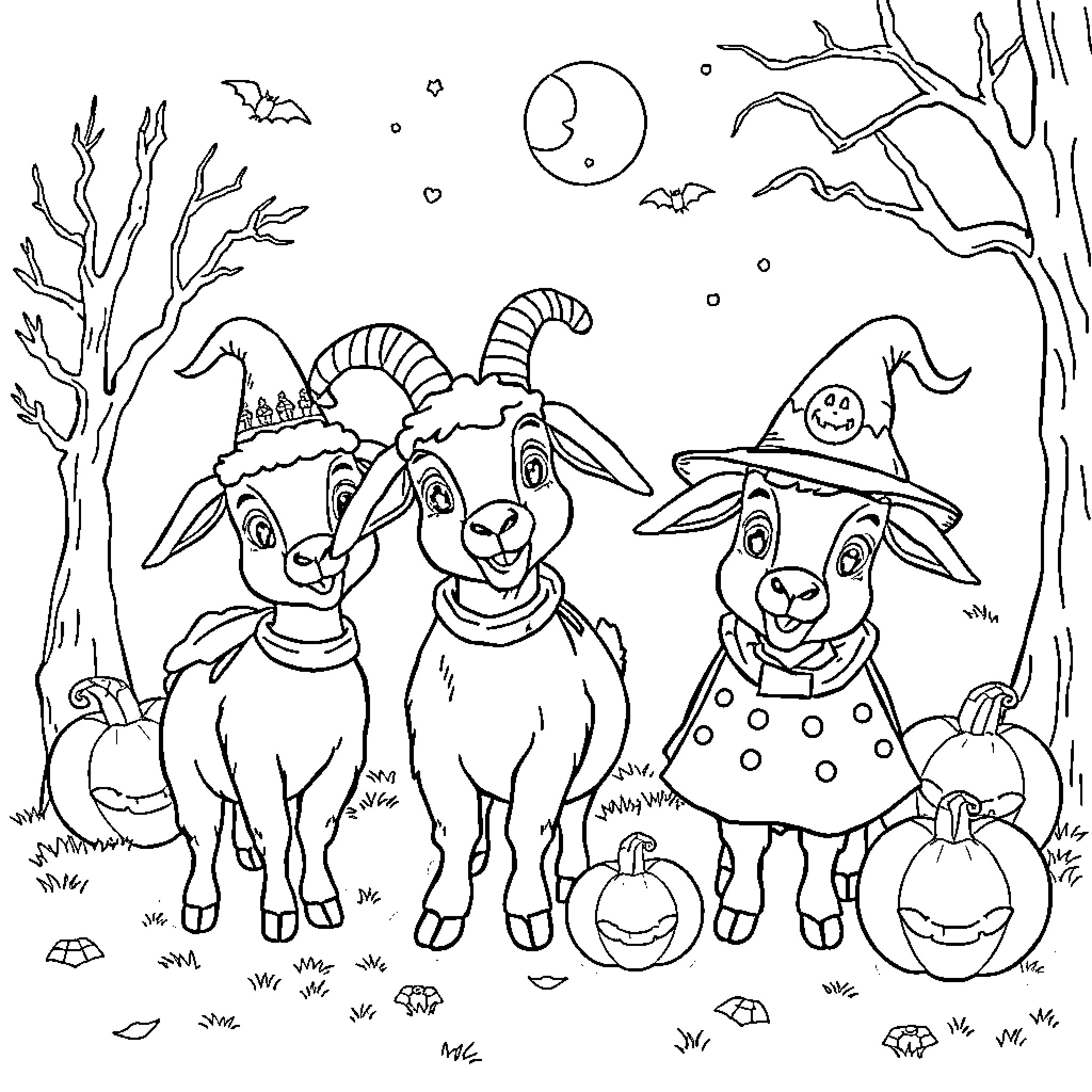 Goats dressed in Halloween costumes in a spooky forest Coloring Page (free black-and-white line drawing printable PDF for all, from beginners to advanced learners, including children, teens, adults, and seniors)