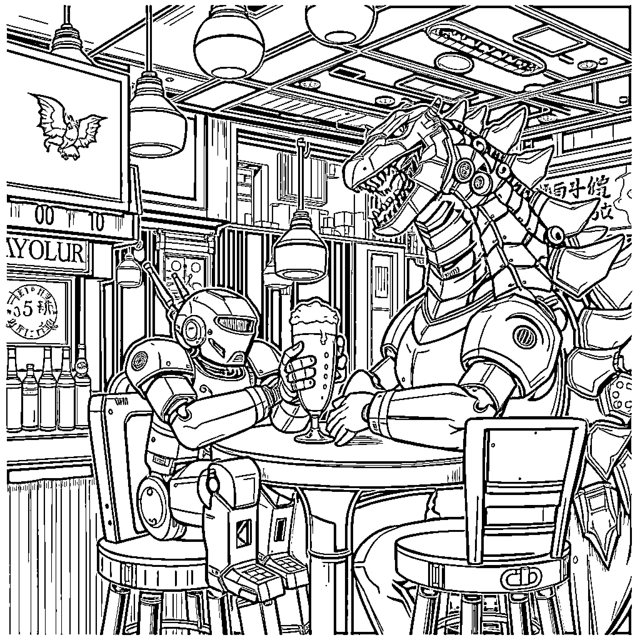 Kiryu's Cyberpunk Cafe Encounter Coloring Page (free black-and-white line drawing printable PDF for all, from beginners to advanced learners, including children, teens, adults, and seniors)