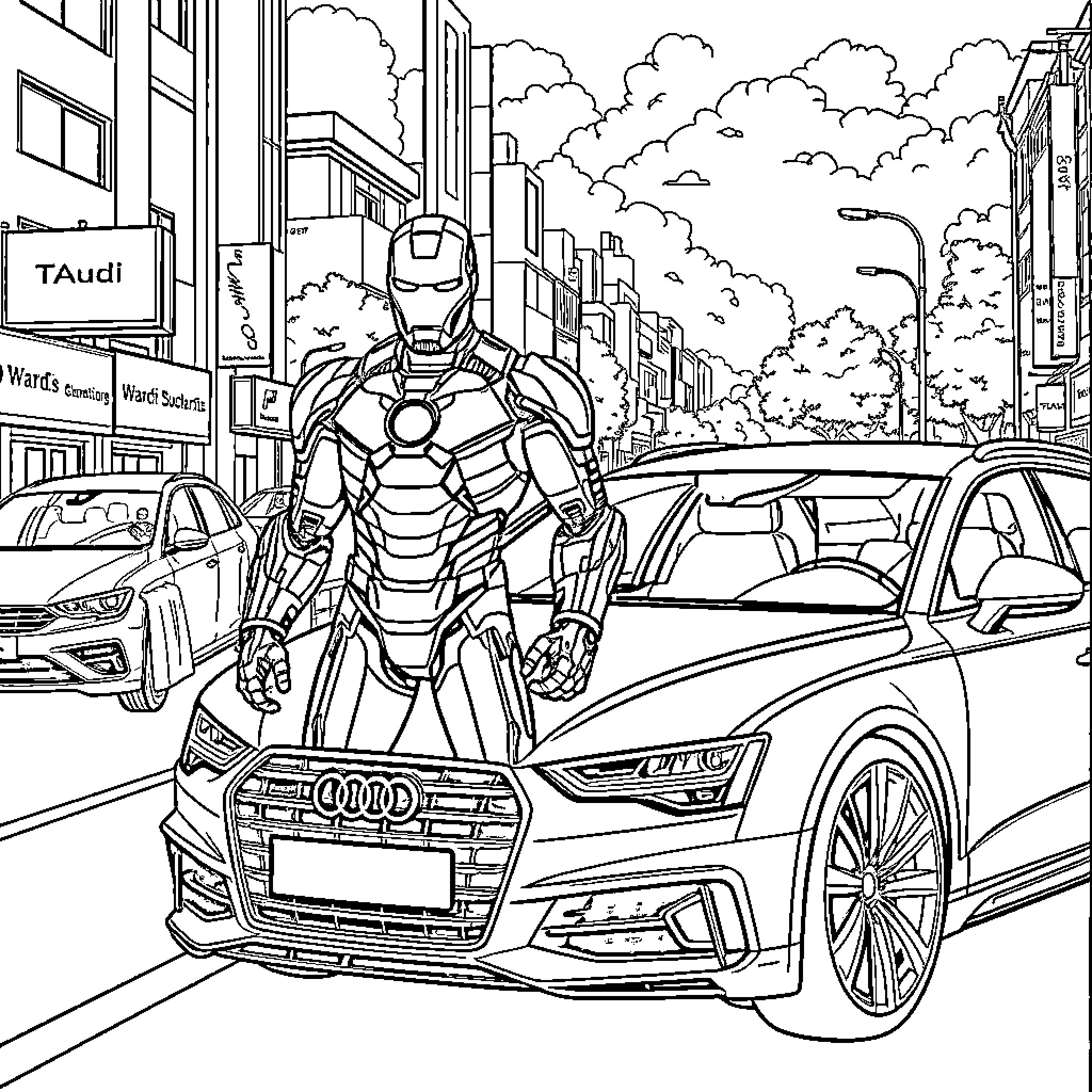 Ironman walking through city streets with Audi car Coloring Page (free black-and-white line drawing printable PDF for all, from beginners to advanced learners, including children, teens, adults, and seniors)