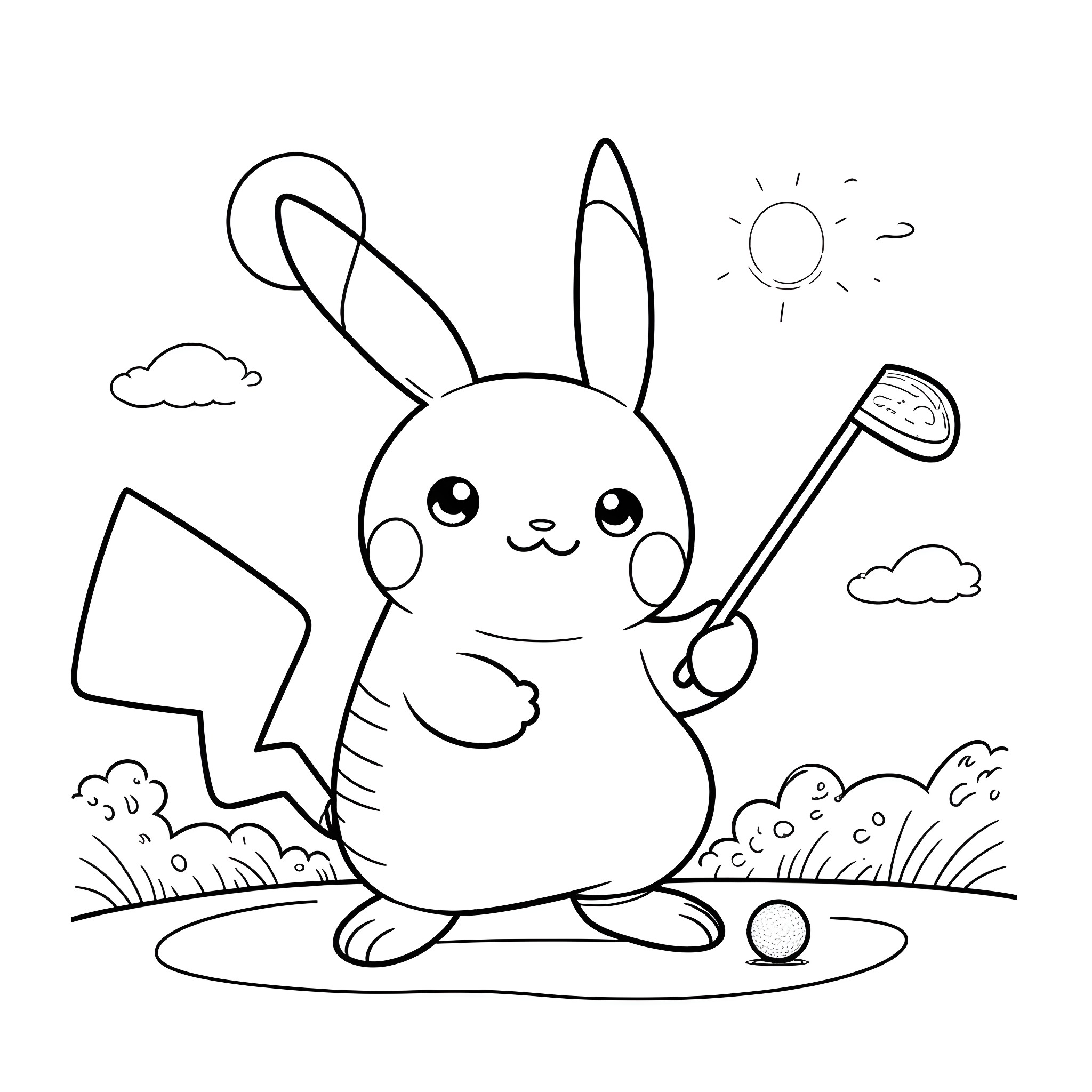 Pikachu playing happily with a golf club in the park Coloring Page (free black-and-white line drawing printable PDF for all, from beginners to advanced learners, including children, teens, adults, and seniors)