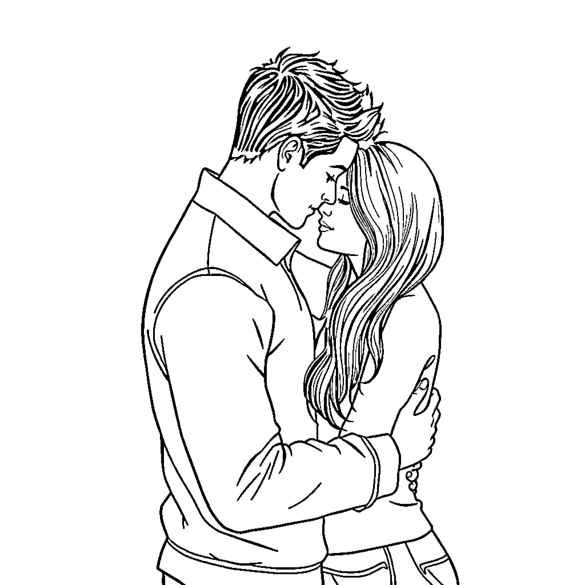 Love's Embrace: Intimate Moment Coloring Page (free black-and-white line drawing printable PDF for all, from beginners to advanced learners, including children, teens, adults, and seniors)