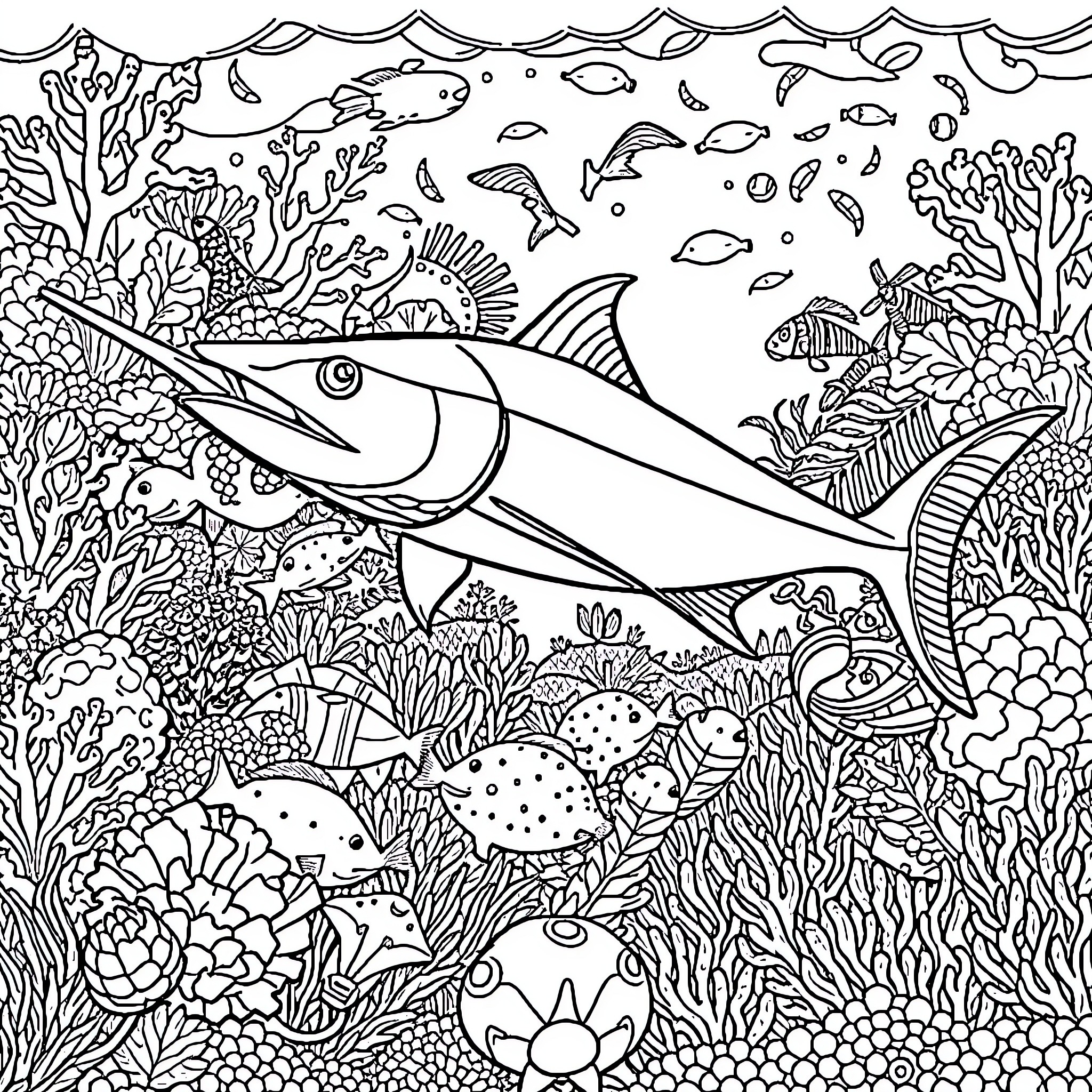 Barracuda exploring the vibrant underwater ecosystem Coloring Page (free black-and-white line drawing printable PDF for all, from beginners to advanced learners, including children, teens, adults, and seniors)