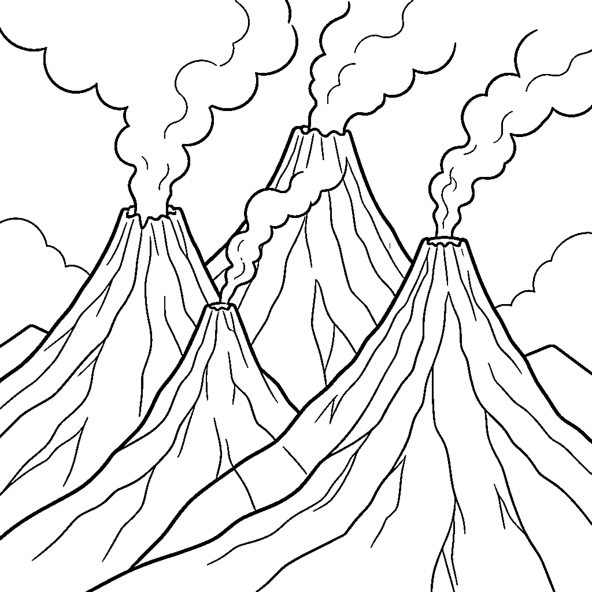 Volcano eruption with towering plumes of smoke Coloring Page (free black-and-white line drawing printable PDF for all, from beginners to advanced learners, including children, teens, adults, and seniors)