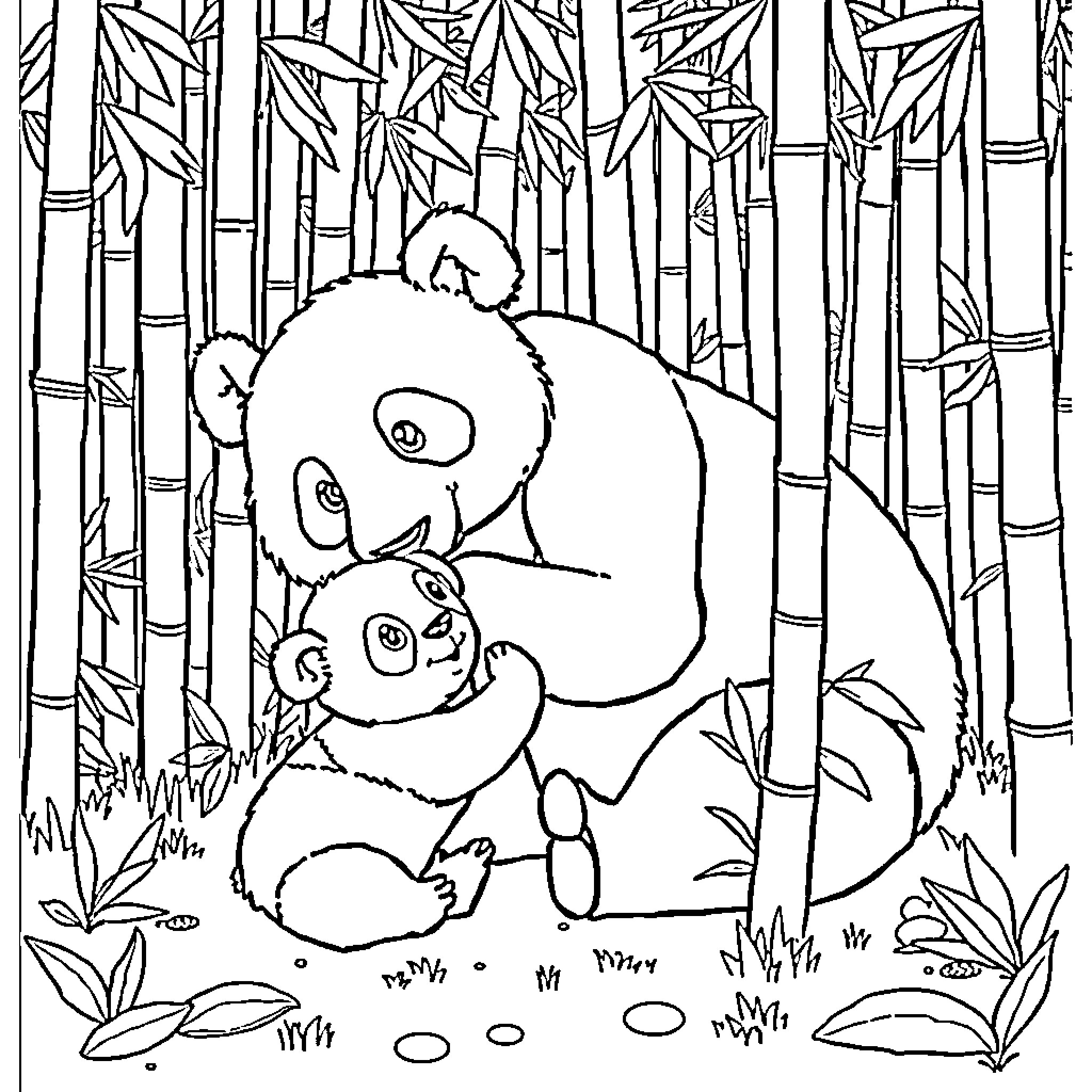 Panda resting with baby panda in bamboo forest Coloring Page (free black-and-white line drawing printable PDF for all, from beginners to advanced learners, including children, teens, adults, and seniors)