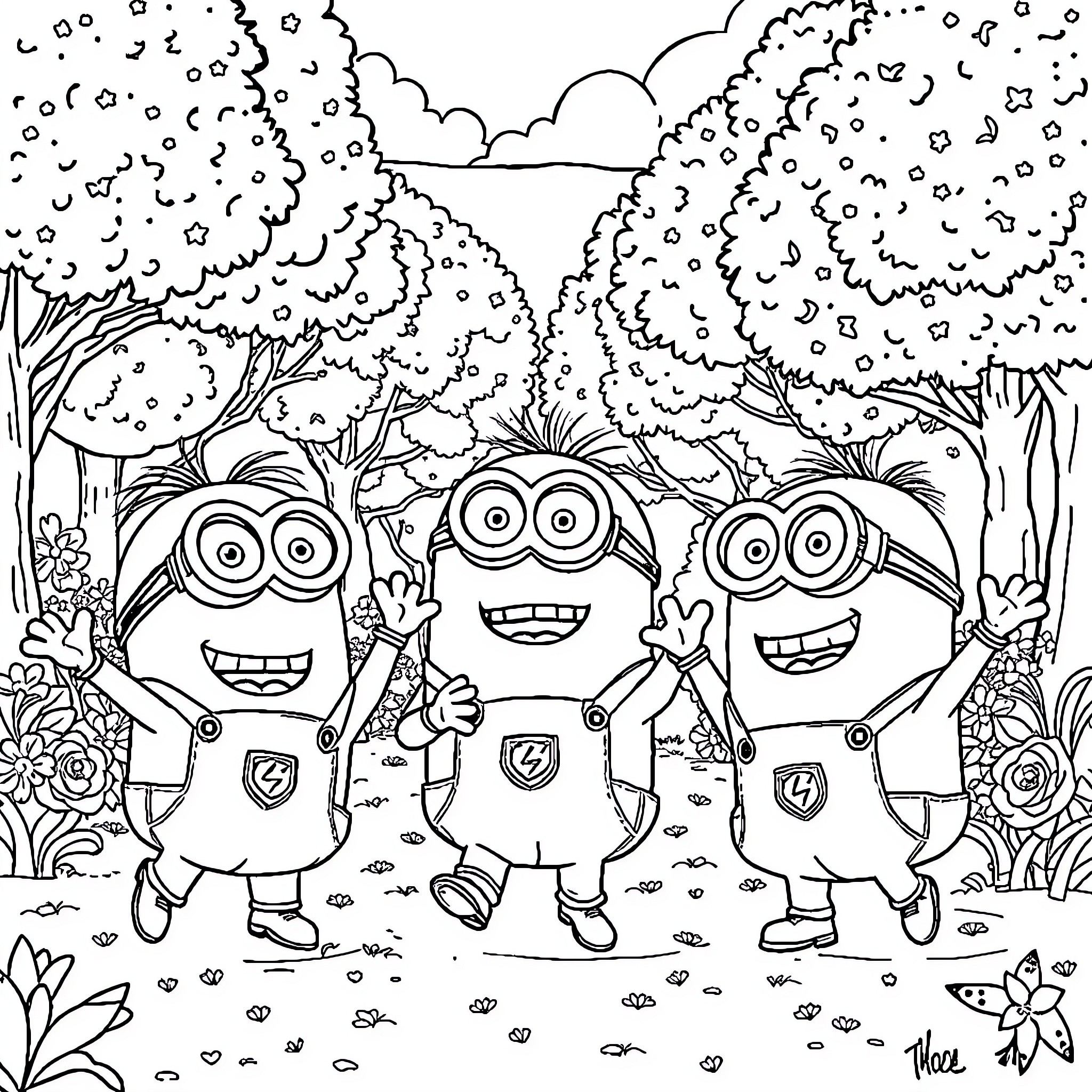 Minions Happily Exploring the Enchanting Forest Coloring Page (free black-and-white line drawing printable PDF for all, from beginners to advanced learners, including children, teens, adults, and seniors)
