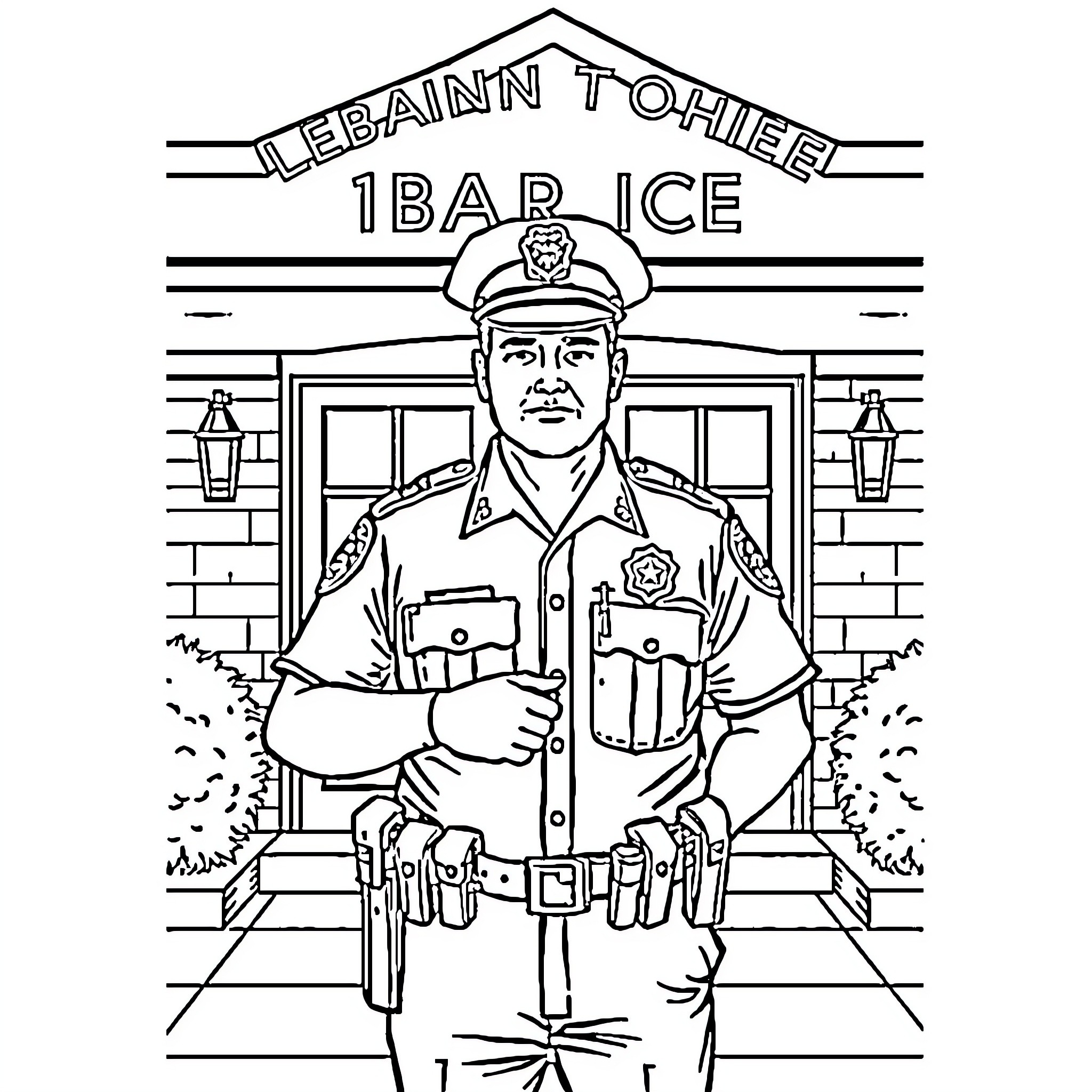 Police Officer Holding Gear Outside Bar Ice Coloring Page (free black-and-white line drawing printable PDF for all, from beginners to advanced learners, including children, teens, adults, and seniors)