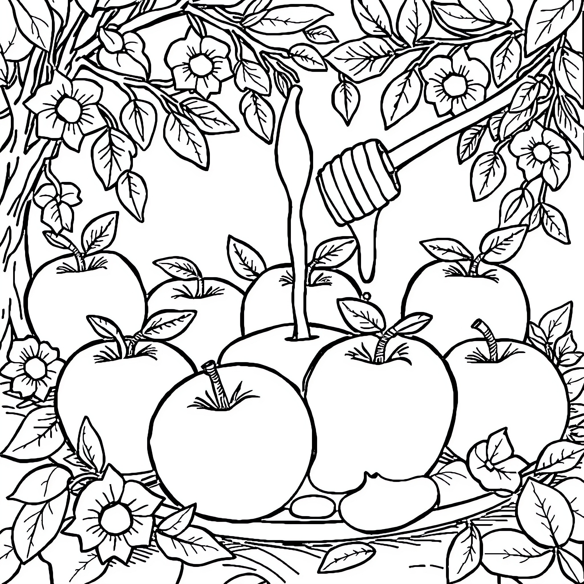 Jewish New Year - Apples and Honey Celebration Coloring Page (free black-and-white line drawing printable PDF for all, from beginners to advanced learners, including children, teens, adults, and seniors)