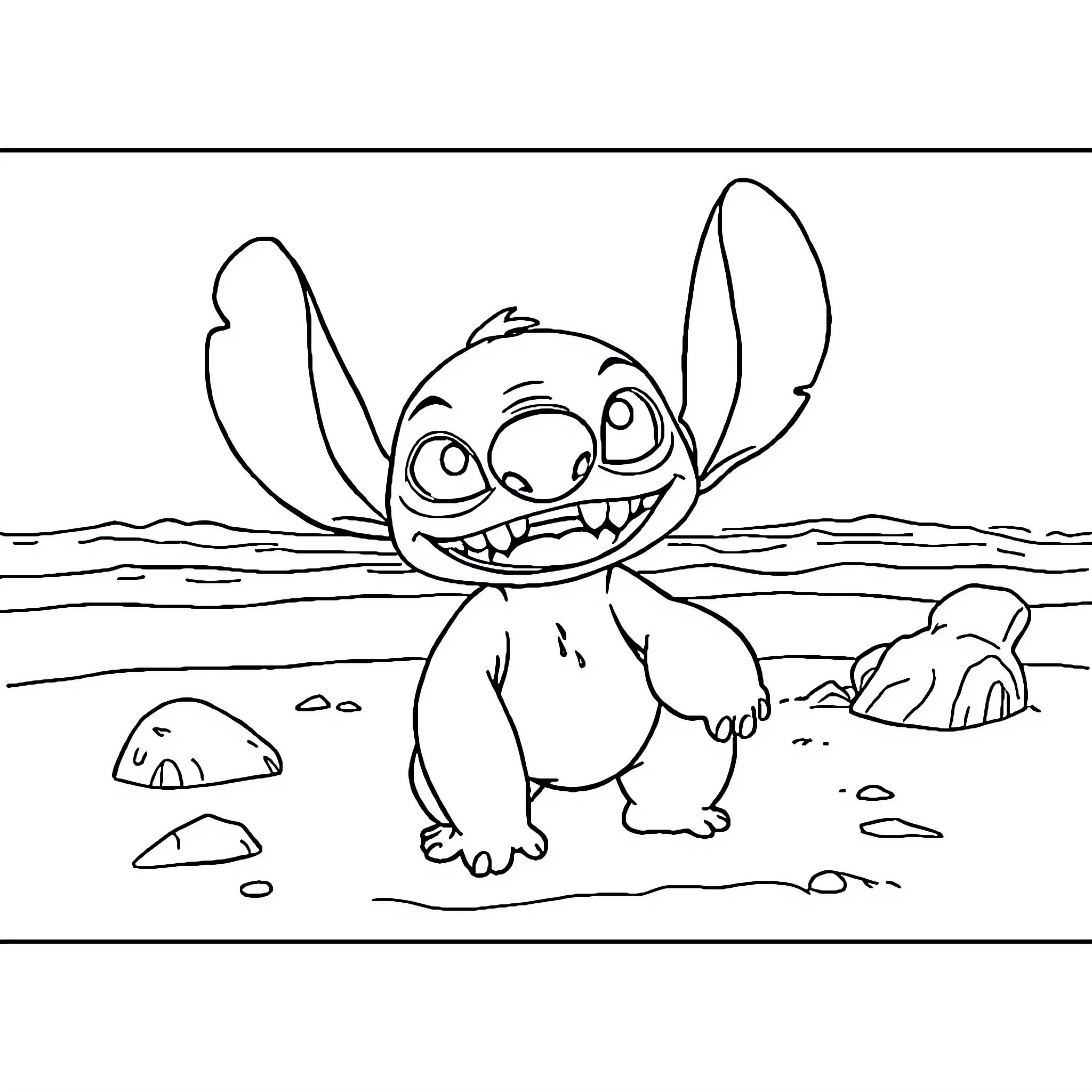 Stitch enjoying a playful moment on the beach Coloring Page (free black-and-white line drawing printable PDF for all, from beginners to advanced learners, including children, teens, adults, and seniors)