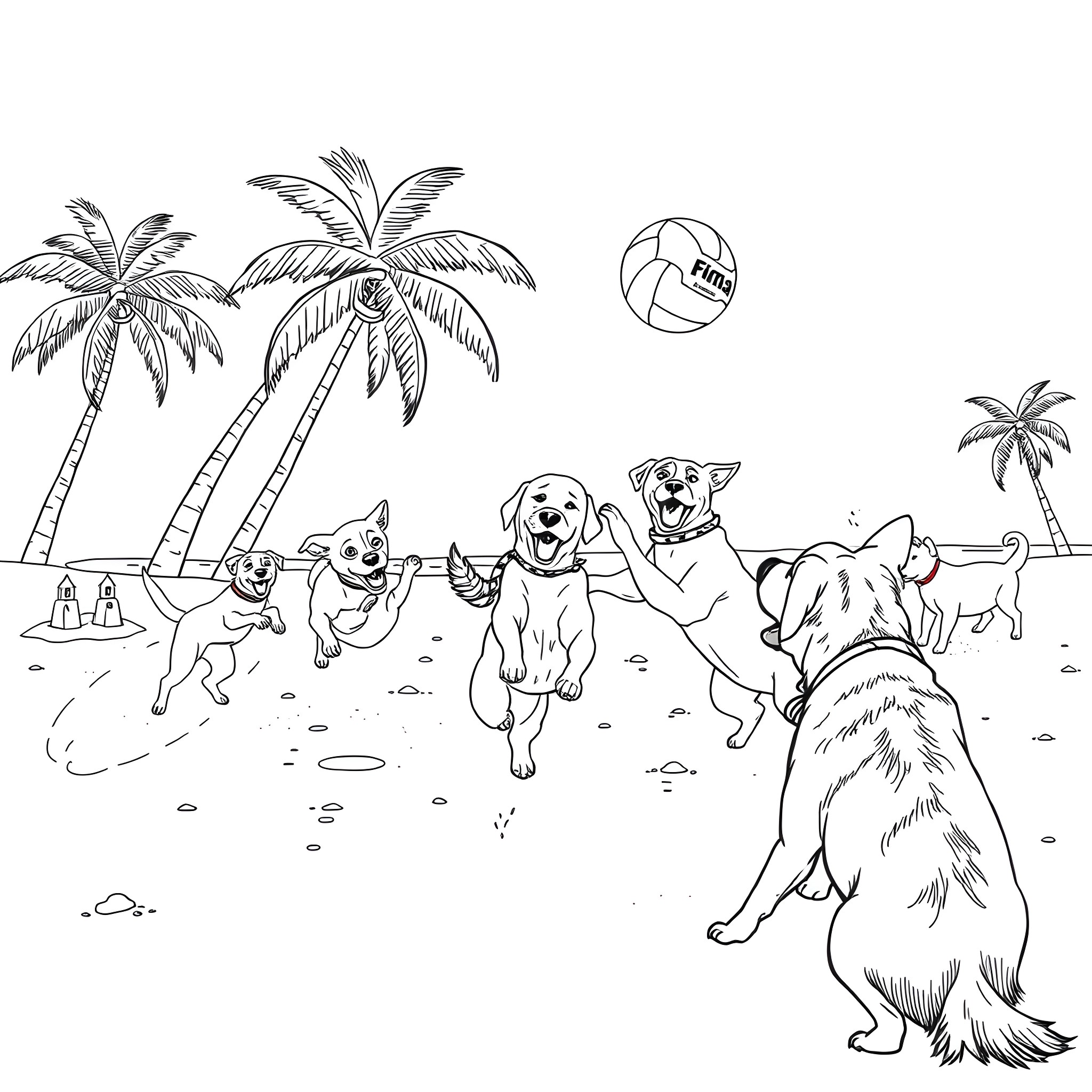 Dogs playing on the beach with palm trees Coloring Page (free black-and-white line drawing printable PDF for all, from beginners to advanced learners, including children, teens, adults, and seniors)