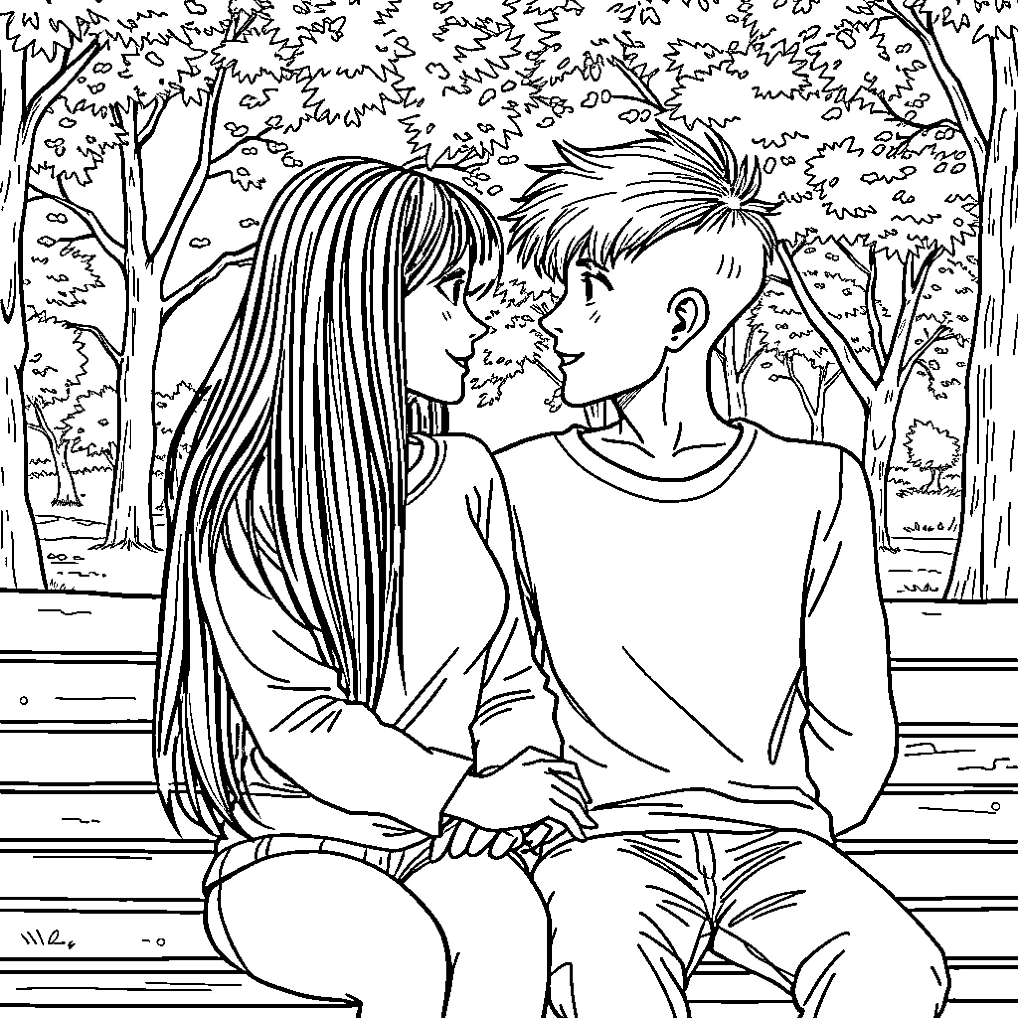 Teenagers sharing a tender moment in the park Coloring Page (free black-and-white line drawing printable PDF for all, from beginners to advanced learners, including children, teens, adults, and seniors)