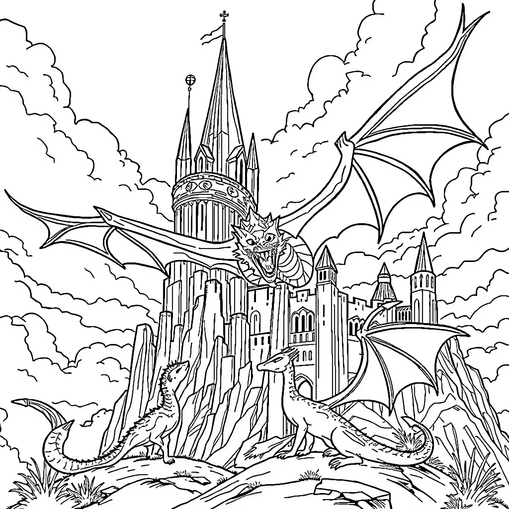 Dragon guarding a majestic castle in the clouds Coloring Page (free black-and-white line drawing printable PDF for all, from beginners to advanced learners, including children, teens, adults, and seniors)