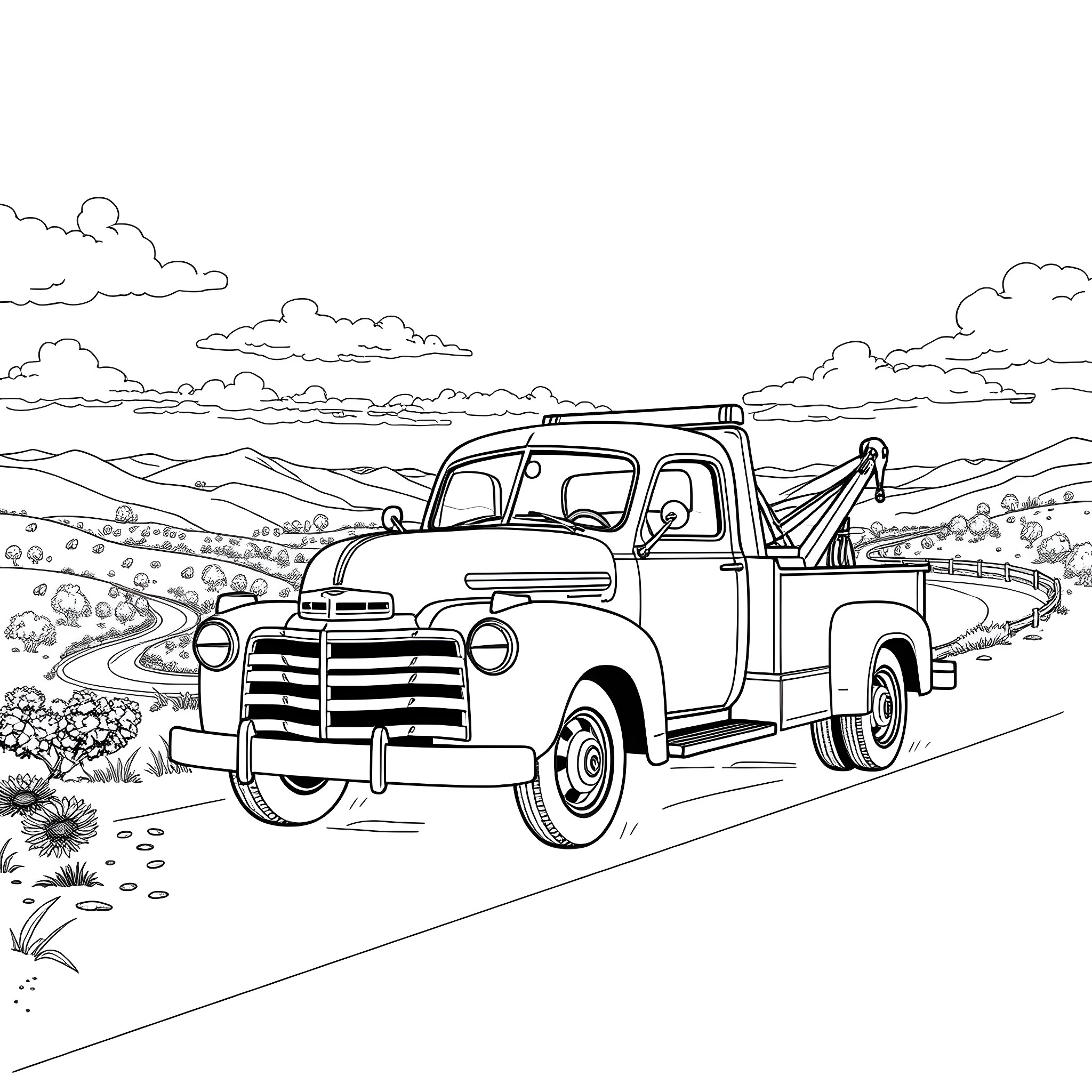 Tow Truck Rescuing a Stranded Vehicle Coloring Page (free black-and-white line drawing printable PDF for all, from beginners to advanced learners, including children, teens, adults, and seniors)