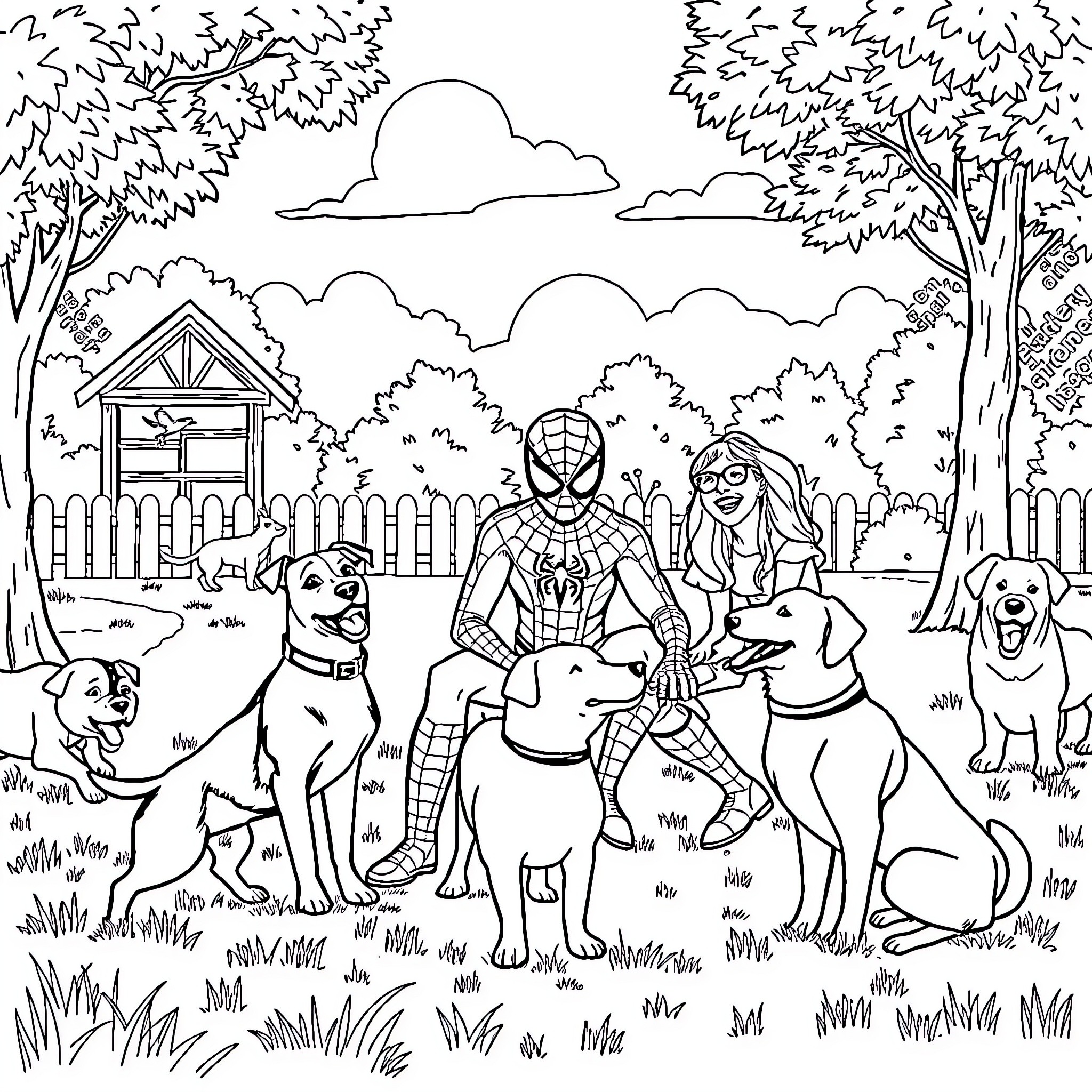 Spiderman playing with dogs in a neighborhood park Coloring Page (free black-and-white line drawing printable PDF for all, from beginners to advanced learners, including children, teens, adults, and seniors)
