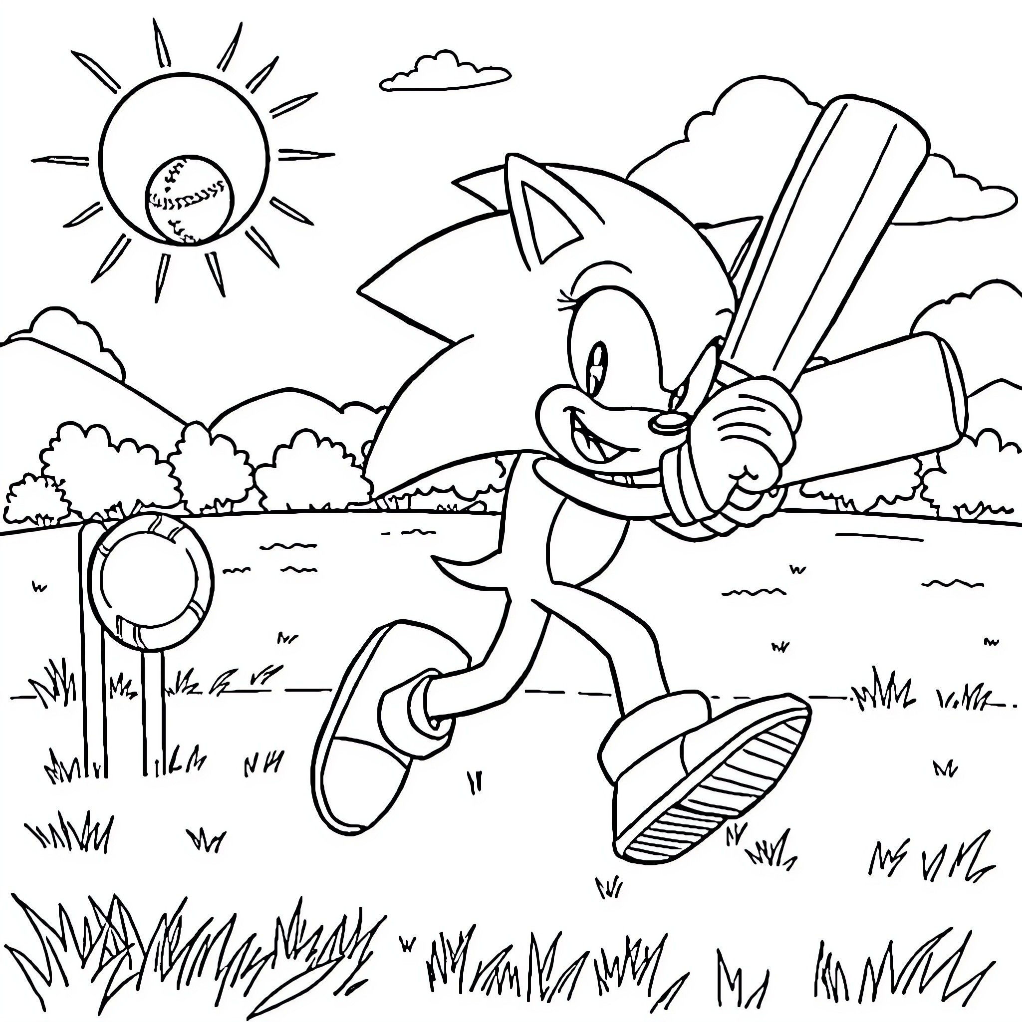 Sonic running dynamically through the scenic landscape Coloring Page (free black-and-white line drawing printable PDF for all, from beginners to advanced learners, including children, teens, adults, and seniors)