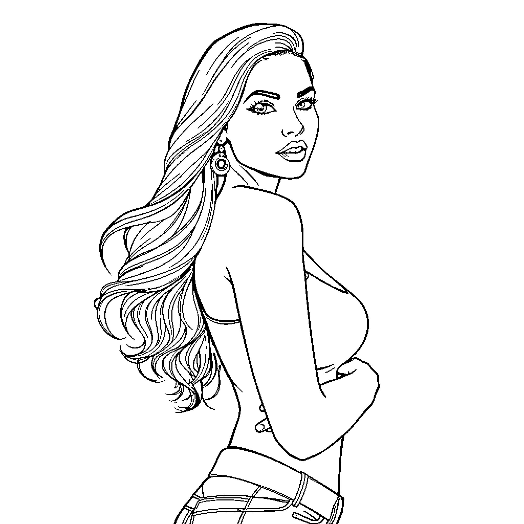 Latina Beauty with Flowing Hair and Confident Pose Coloring Page (free black-and-white line drawing printable PDF for all, from beginners to advanced learners, including children, teens, adults, and seniors)