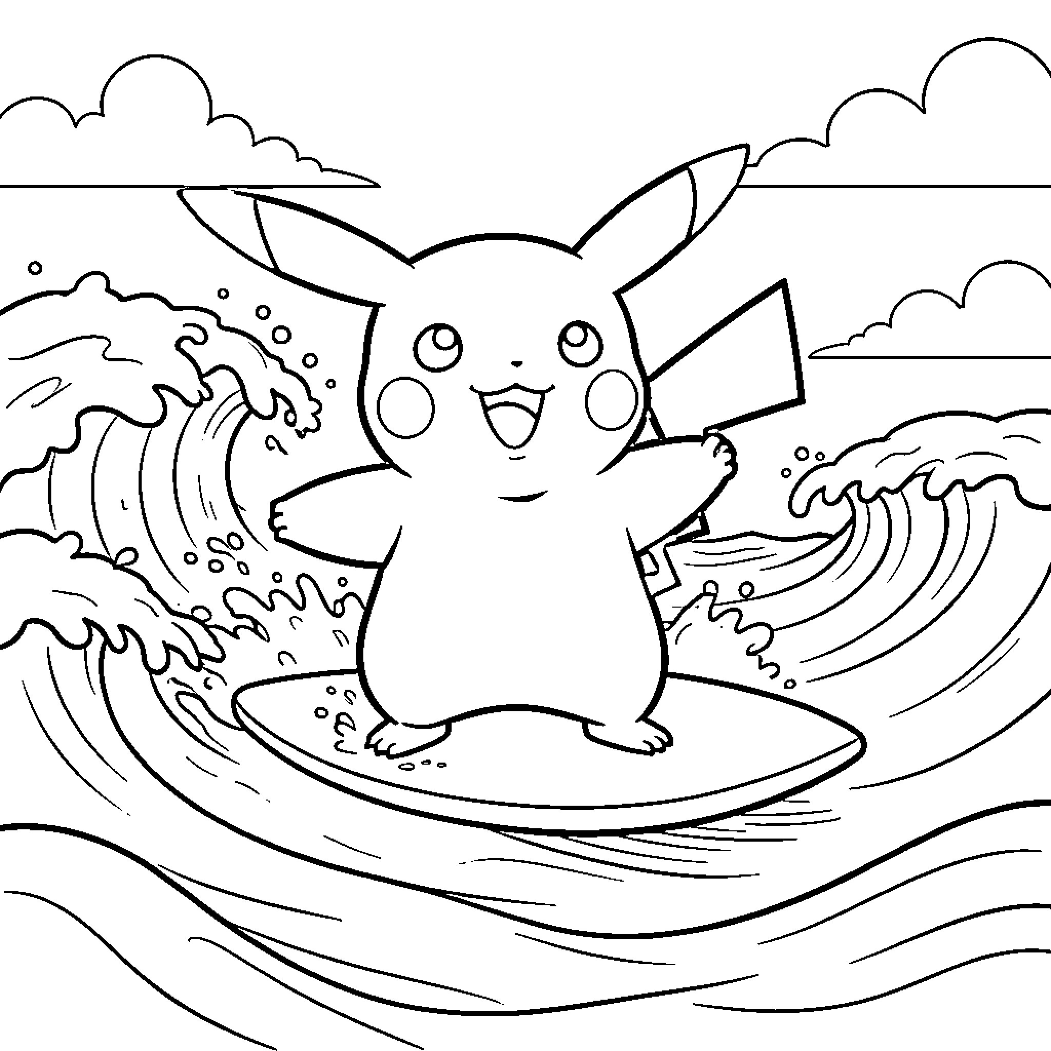 Pikachu surfing on waves in the ocean Coloring Page (free black-and-white line drawing printable PDF for all, from beginners to advanced learners, including children, teens, adults, and seniors)