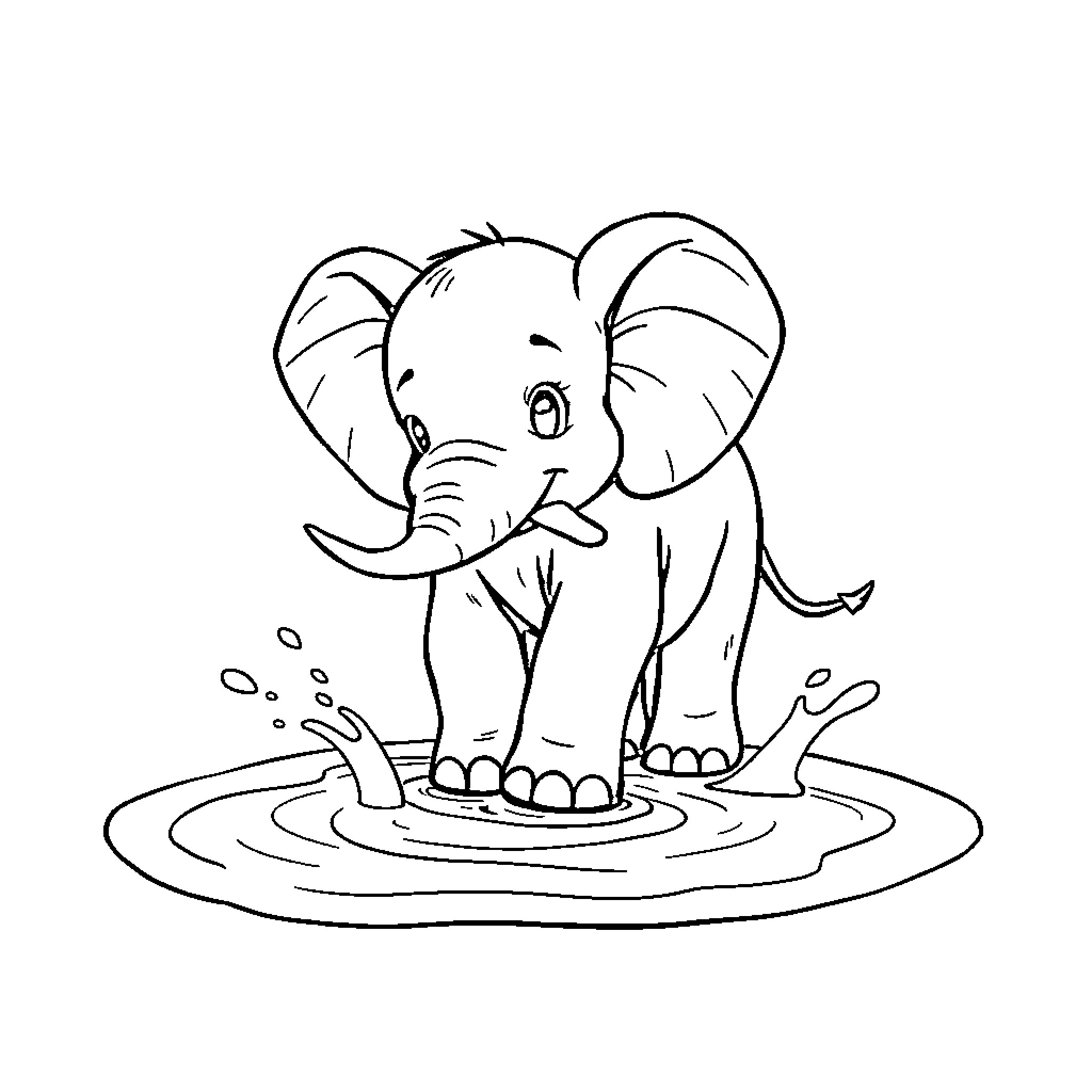 Baby Elephant playing happily in the water Coloring Page (free black-and-white line drawing printable PDF for all, from beginners to advanced learners, including children, teens, adults, and seniors)