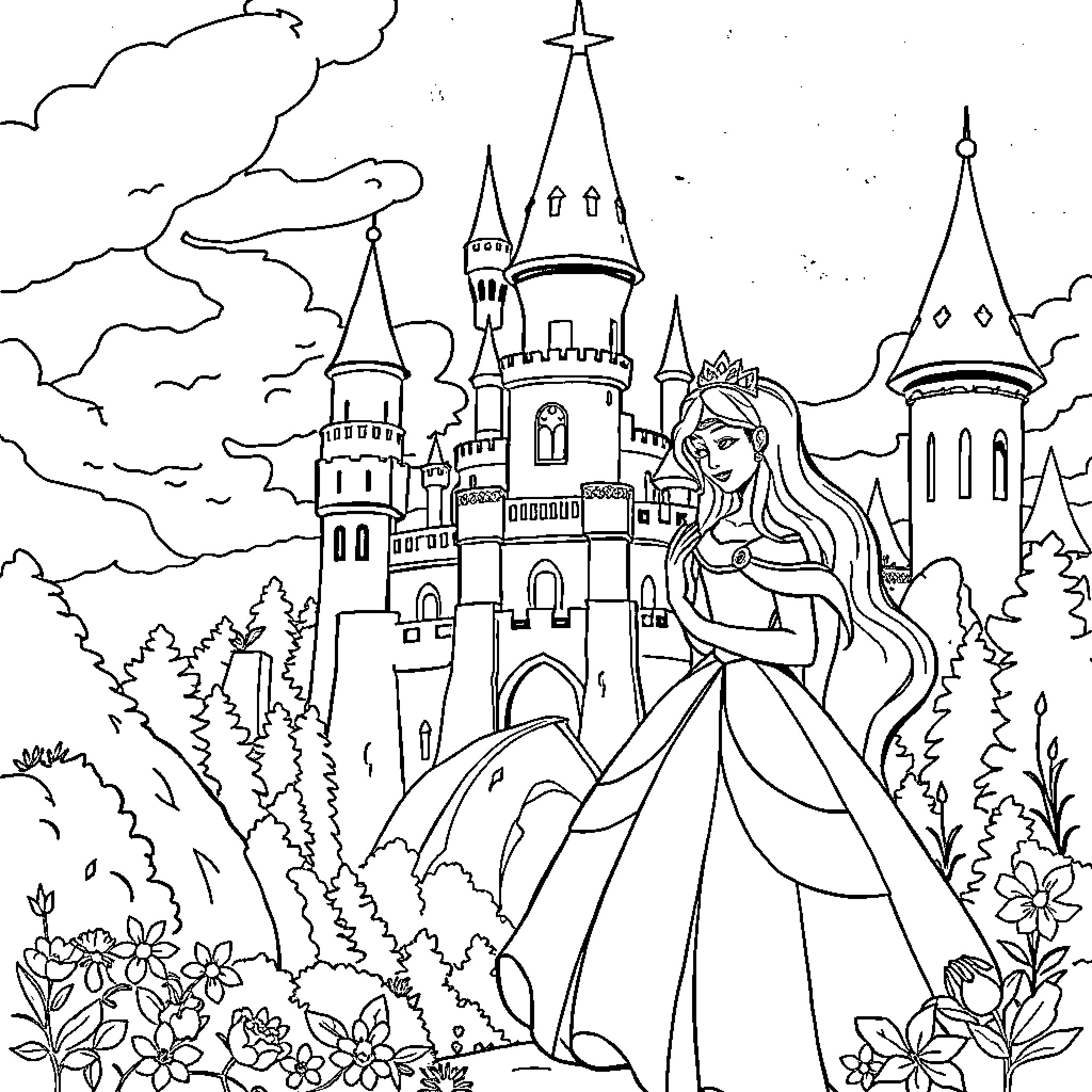 Princesa and her enchanting castle adventure Coloring Page (free black-and-white line drawing printable PDF for all, from beginners to advanced learners, including children, teens, adults, and seniors)