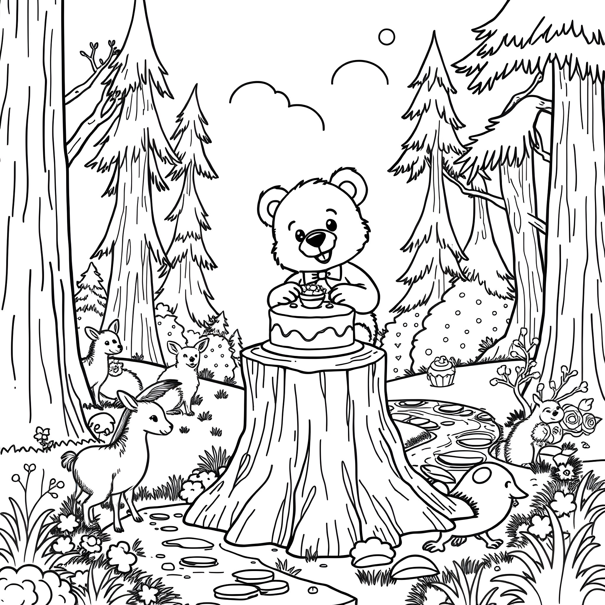 Teddy Bear Celebrates with Forest Friends Coloring Page (free black-and-white line drawing printable PDF for all, from beginners to advanced learners, including children, teens, adults, and seniors)