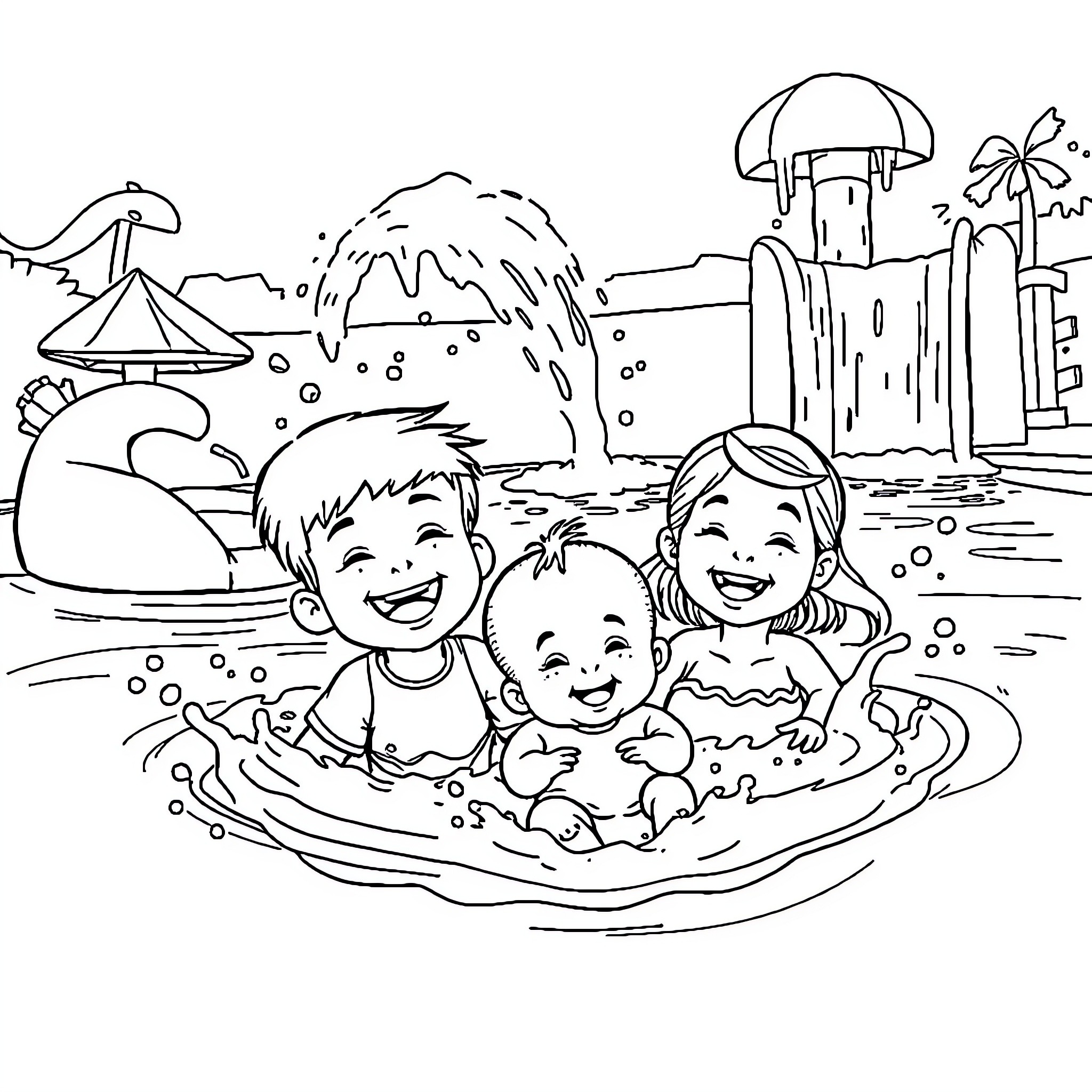 Child happily playing in a tropical pool Coloring Page (free black-and-white line drawing printable PDF for all, from beginners to advanced learners, including children, teens, adults, and seniors)