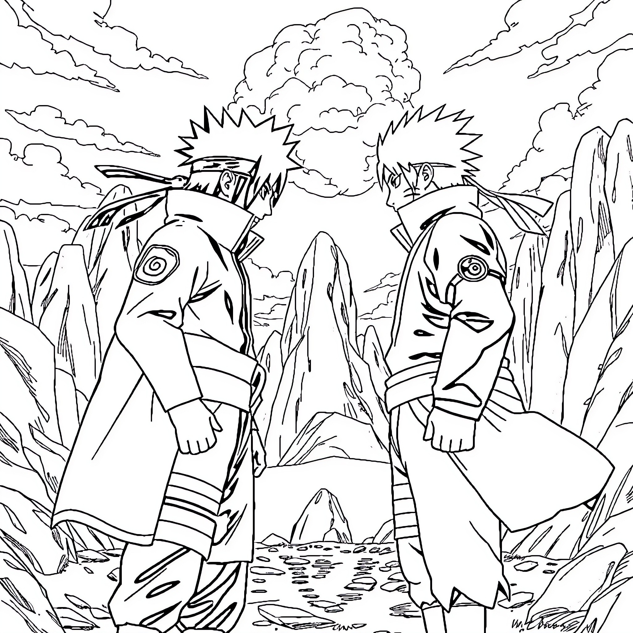 Naruto characters in a dynamic ninja scene Coloring Page (free black-and-white line drawing printable PDF for all, from beginners to advanced learners, including children, teens, adults, and seniors)