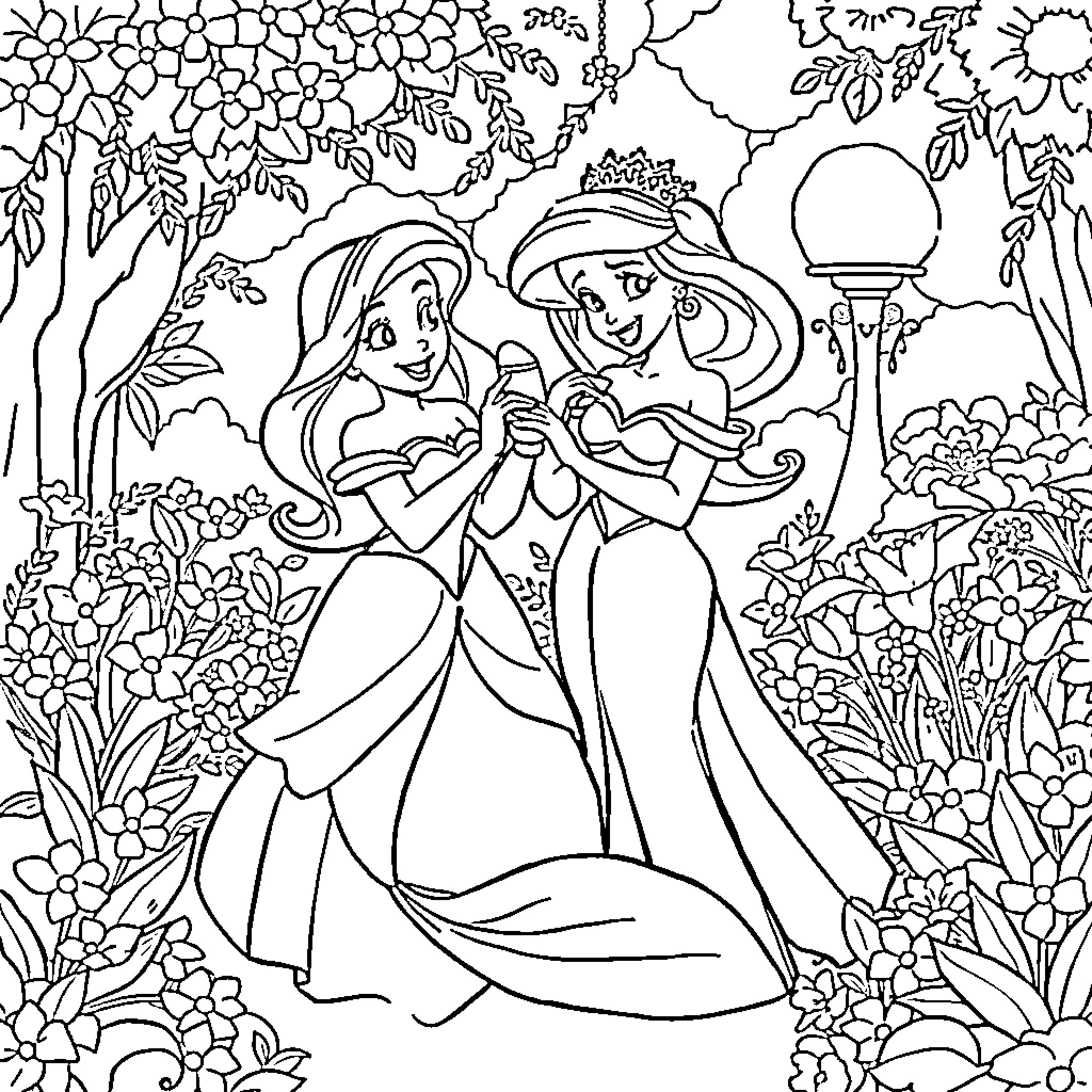Ariel and Belle in a Floral Garden Coloring Page (free black-and-white line drawing printable PDF for all, from beginners to advanced learners, including children, teens, adults, and seniors)