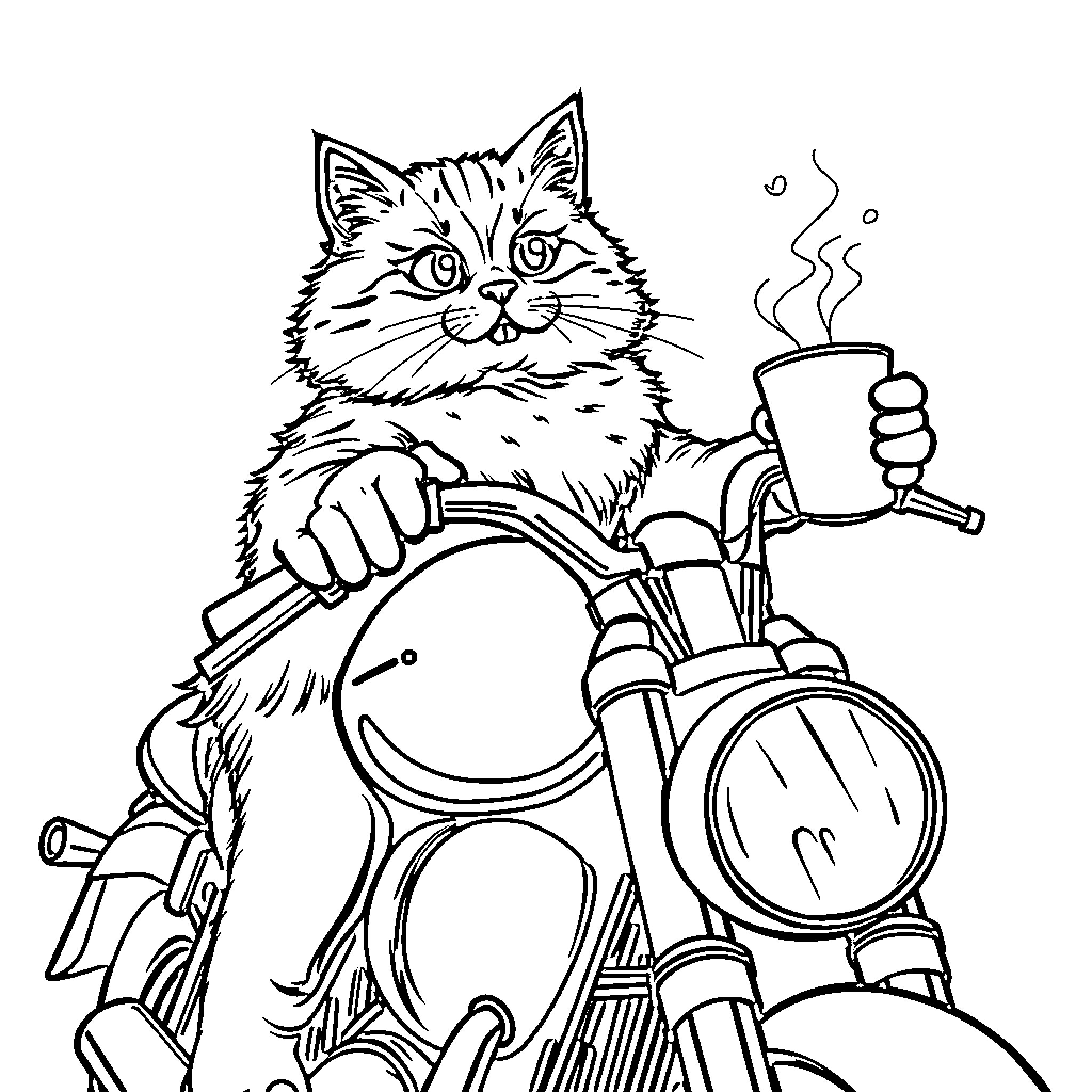 Cat riding motorcycle and holding coffee mug Coloring Page (free black-and-white line drawing printable PDF for all, from beginners to advanced learners, including children, teens, adults, and seniors)