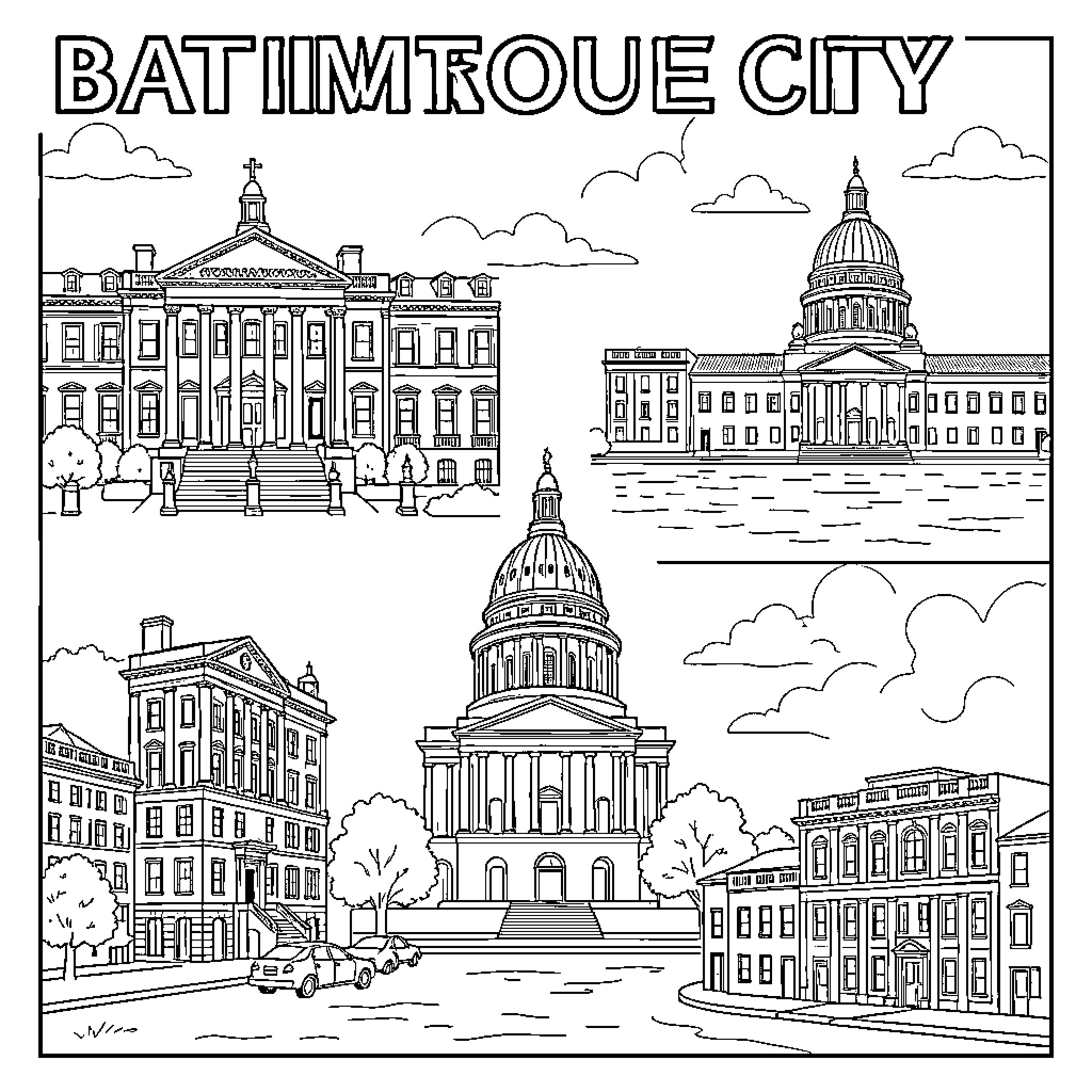 Baltimore Monument and architectural city landscape scenes Coloring Page (free black-and-white line drawing printable PDF for all, from beginners to advanced learners, including children, teens, adults, and seniors)