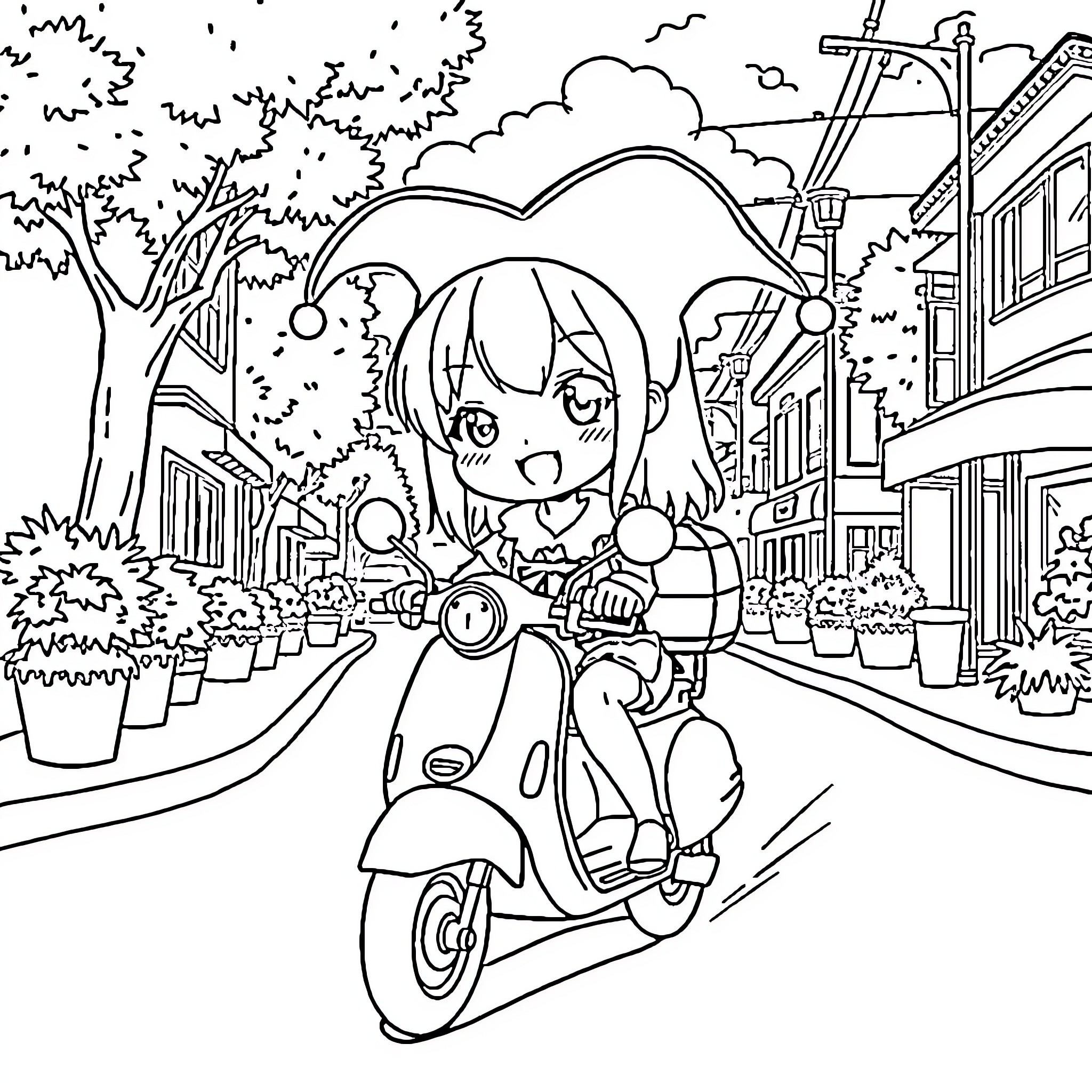 Kuromi riding a scooter in the city Coloring Page (free black-and-white line drawing printable PDF for all, from beginners to advanced learners, including children, teens, adults, and seniors)