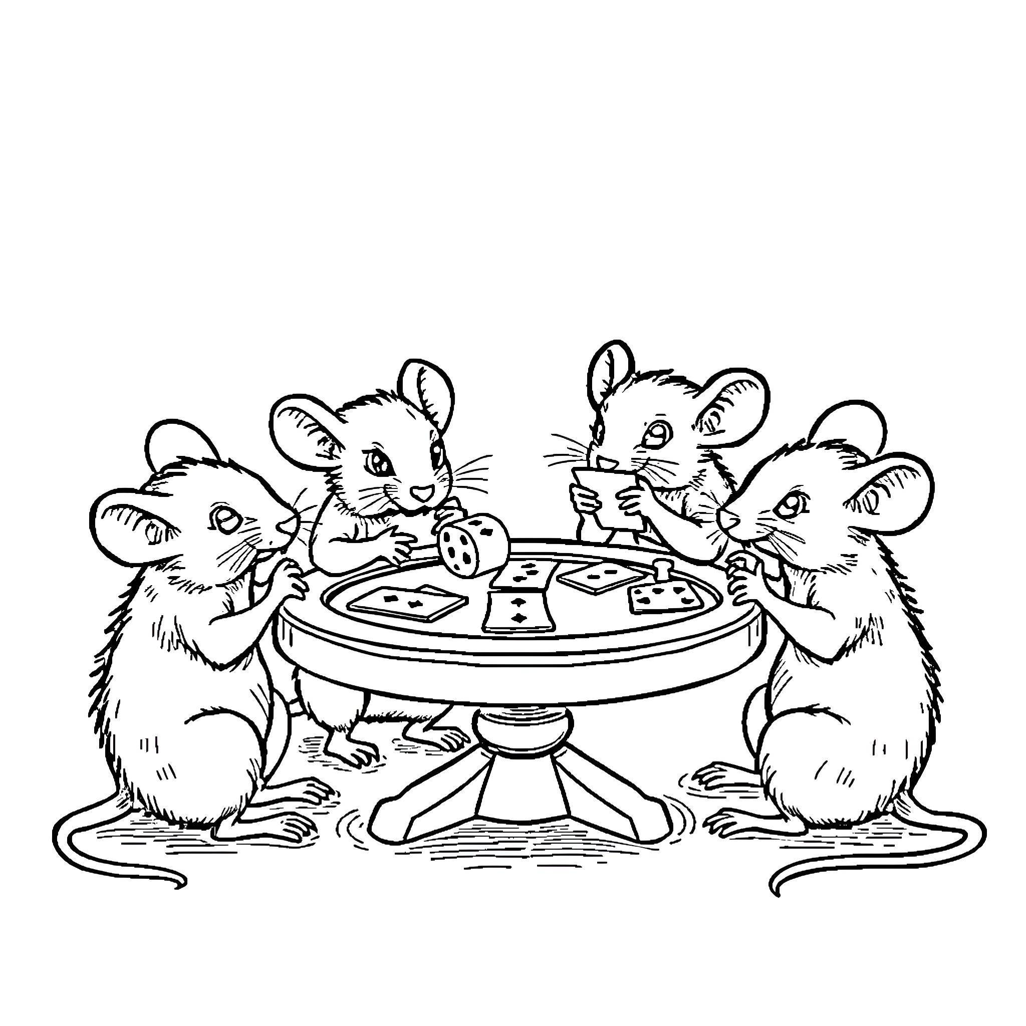 Mouse friends enjoying a game night Coloring Page (free black-and-white line drawing printable PDF for all, from beginners to advanced learners, including children, teens, adults, and seniors)