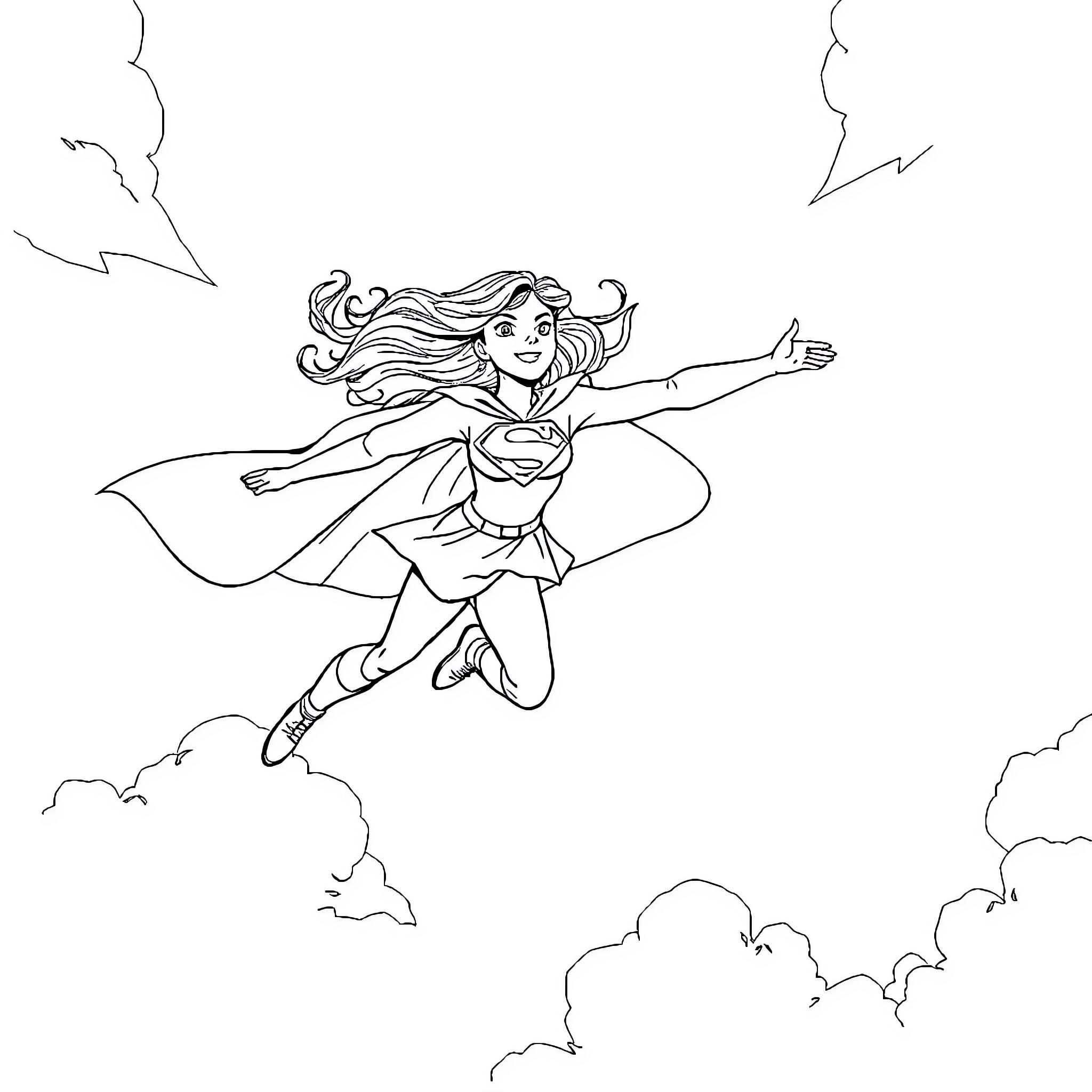 Super Girl Flying with Heroic Pose Coloring Page (free black-and-white line drawing printable PDF for all, from beginners to advanced learners, including children, teens, adults, and seniors)