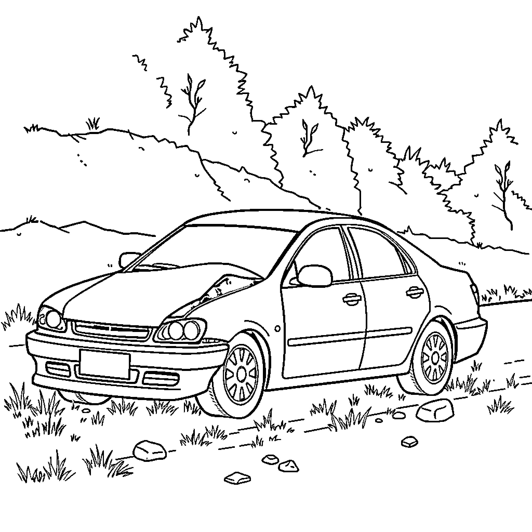 Car abandoned in nature landscape Coloring Page (free black-and-white line drawing printable PDF for all, from beginners to advanced learners, including children, teens, adults, and seniors)